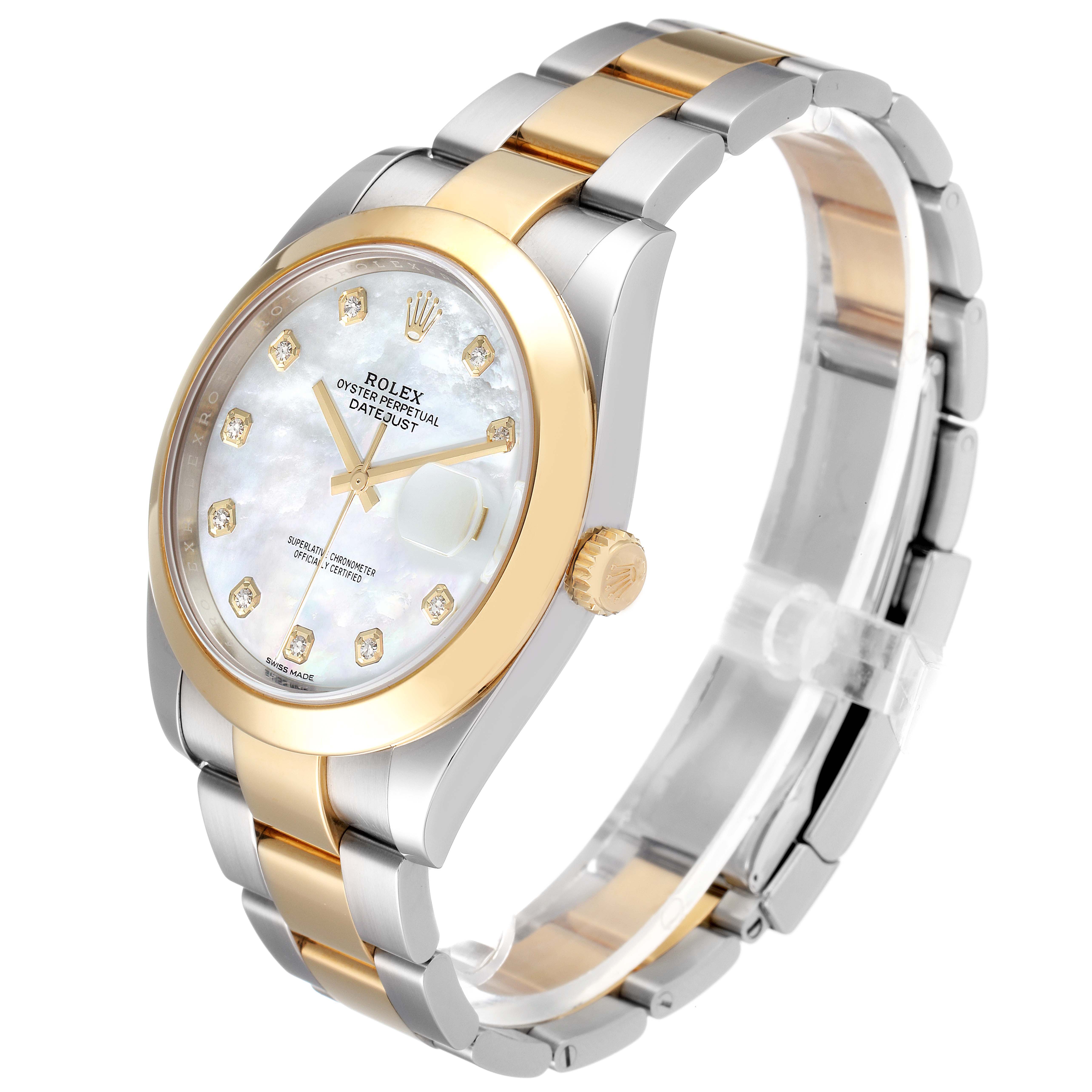The image shows a Rolex Datejust 41 126303 Men
s Steel and Gold (two tone) Mother of Pearl Dial 126303 Men
s Steel and Gold (two tone) Mother of Pearl Dial watch at a slight angle, highlighting its face, bezel, and bracelet.