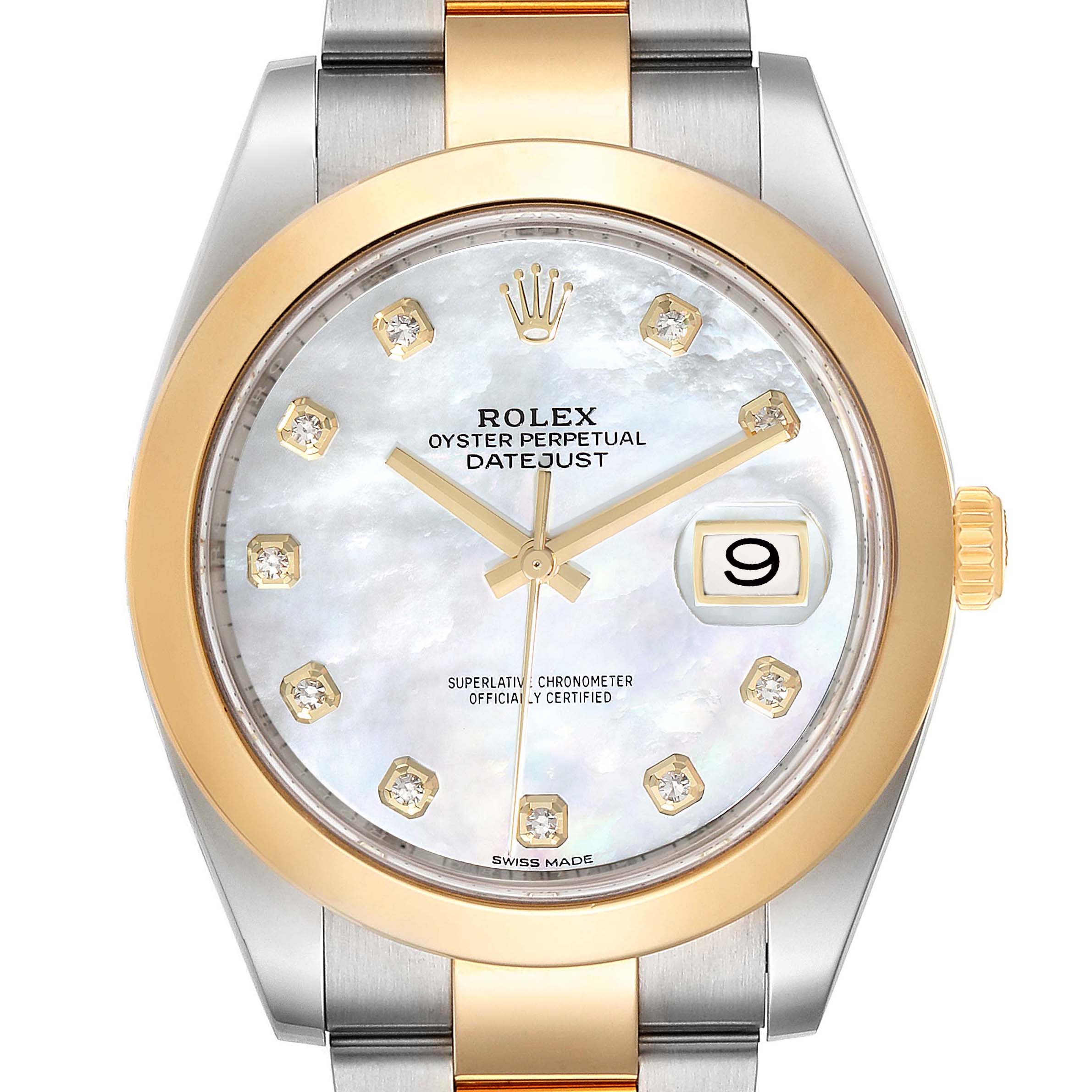The image shows a front view of the Rolex Datejust 41 126303 Men
s Steel and Gold (two tone) Mother of Pearl Dial 126303 Men
s Steel and Gold (two tone) Mother of Pearl Dial, displaying its dial, case, crown, and part of the bracelet.