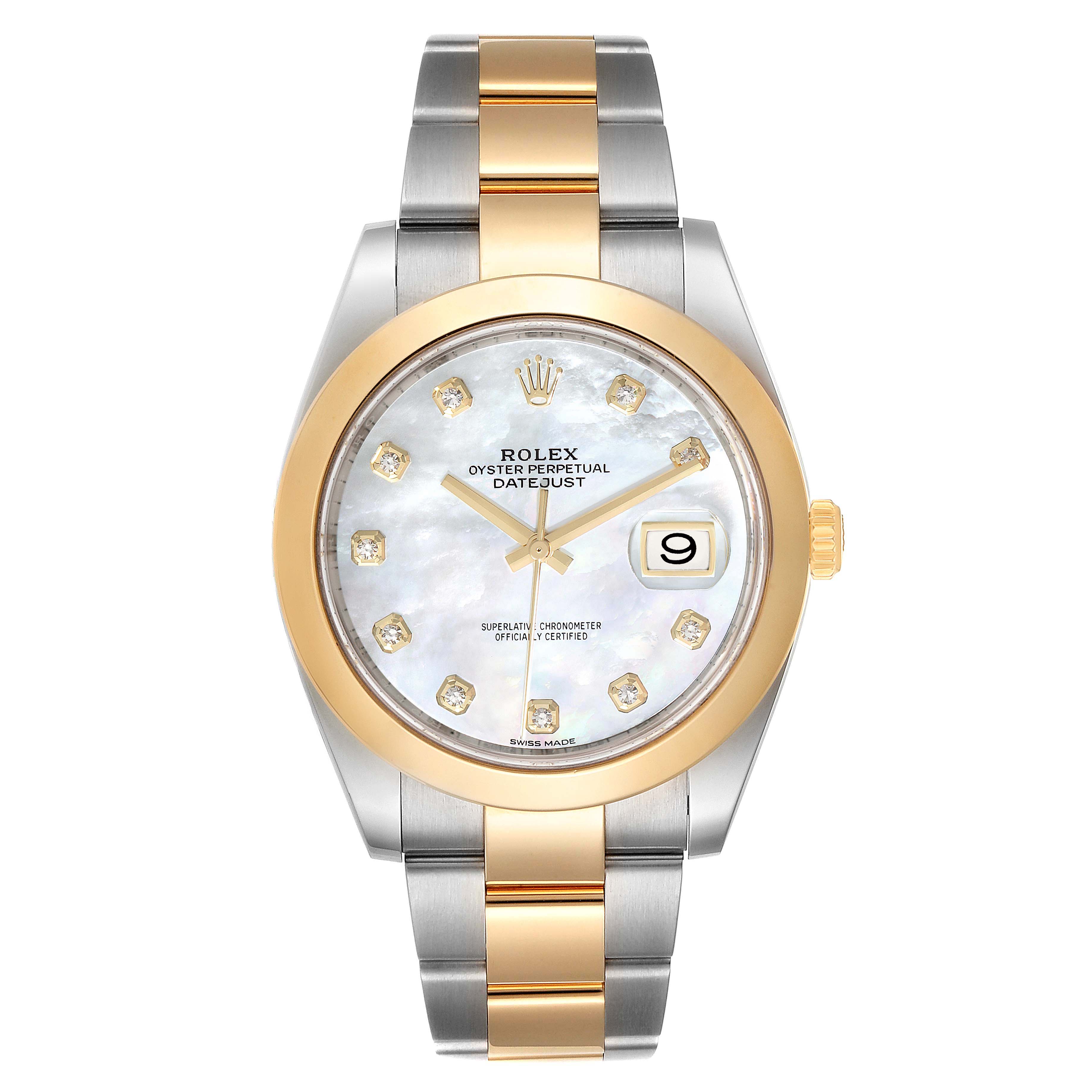 The Rolex Datejust 41 126303 Men
s Steel and Gold (two tone) Mother of Pearl Dial 126303 Men
s Steel and Gold (two tone) Mother of Pearl Dial watch is shown from the front, featuring its dial, bezel, and bracelet.
