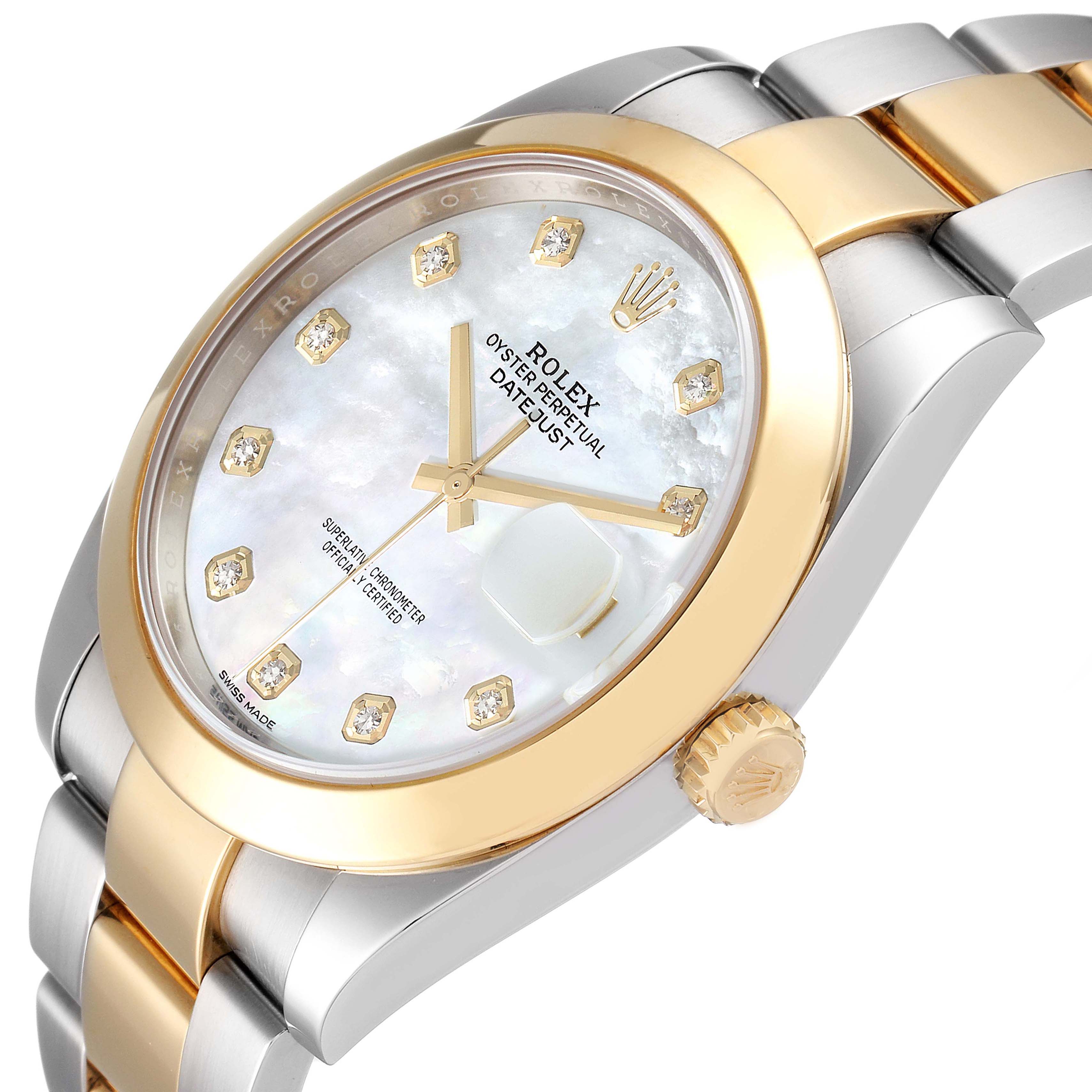 The image shows a close-up side angle of the Rolex Datejust 41 126303 Men
s Steel and Gold (two tone) Mother of Pearl Dial 126303 Men
s Steel and Gold (two tone) Mother of Pearl Dial, highlighting the two-tone bracelet, dial, bezel, and crown.