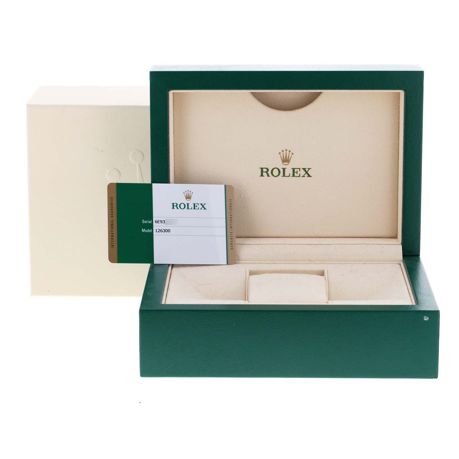 The image shows a Rolex Datejust 41 126300 Men's Stainless Steel White Dial 126300 Men's Stainless Steel White Dial model's green and cream watch box and authenticity card from a front-facing angle.