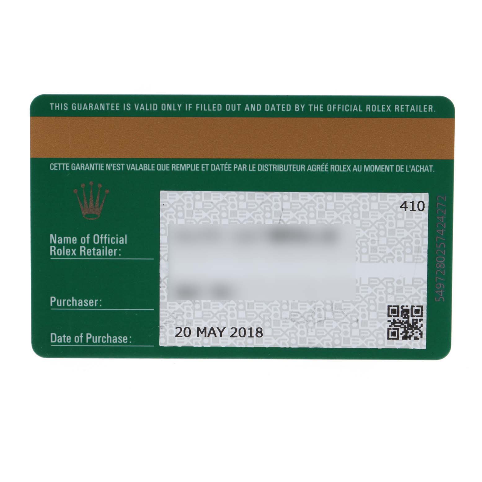 The image shows a warranty card for the Rolex Datejust 41 126300 Men's Stainless Steel White Dial 126300 Men's Stainless Steel White Dial, displaying purchase details and retailer information.