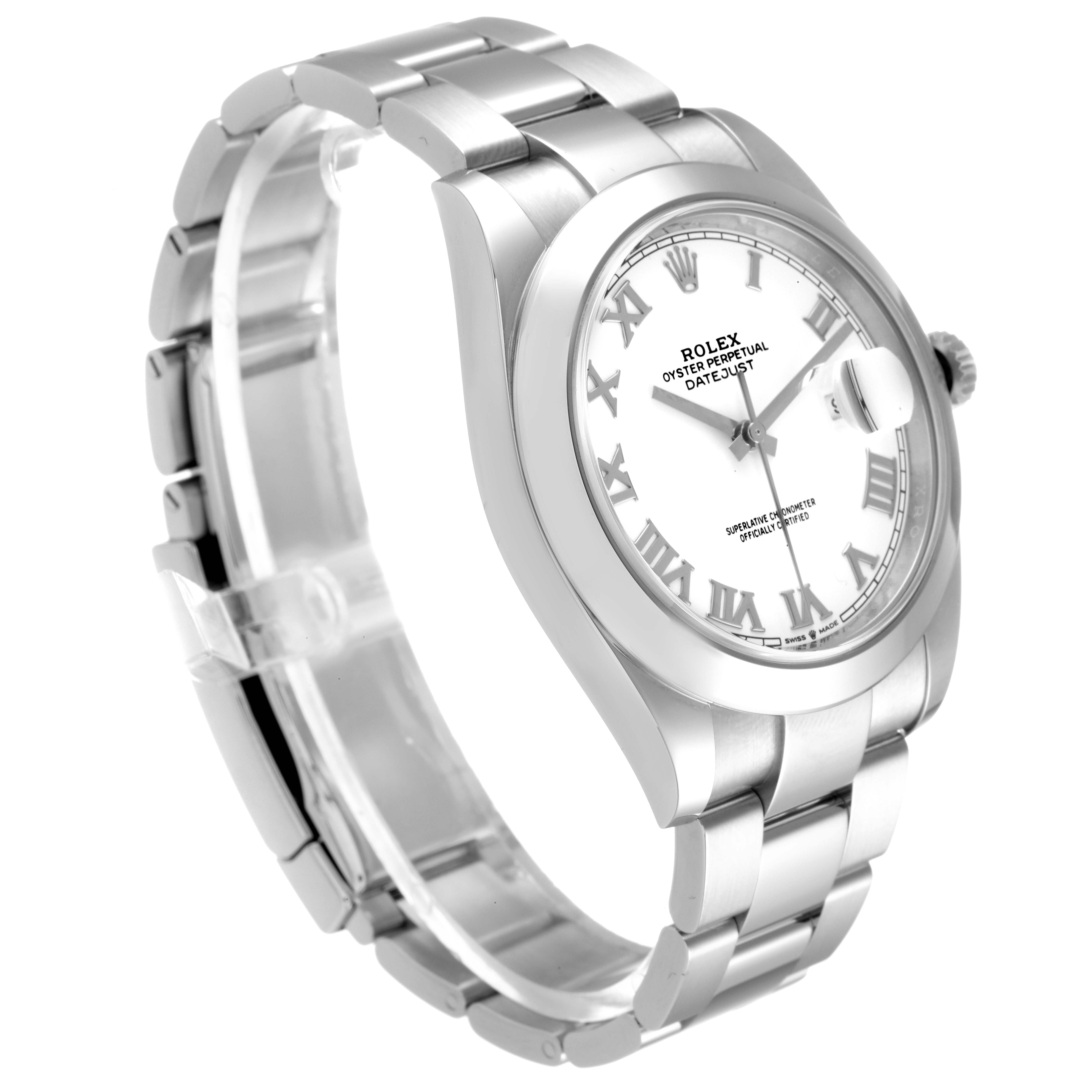 The image shows a side and front angle of a Rolex Datejust 41 126300 Men's Stainless Steel White Dial 126300 Men's Stainless Steel White Dial model, highlighting its white dial, Roman numerals, and stainless steel bracelet.