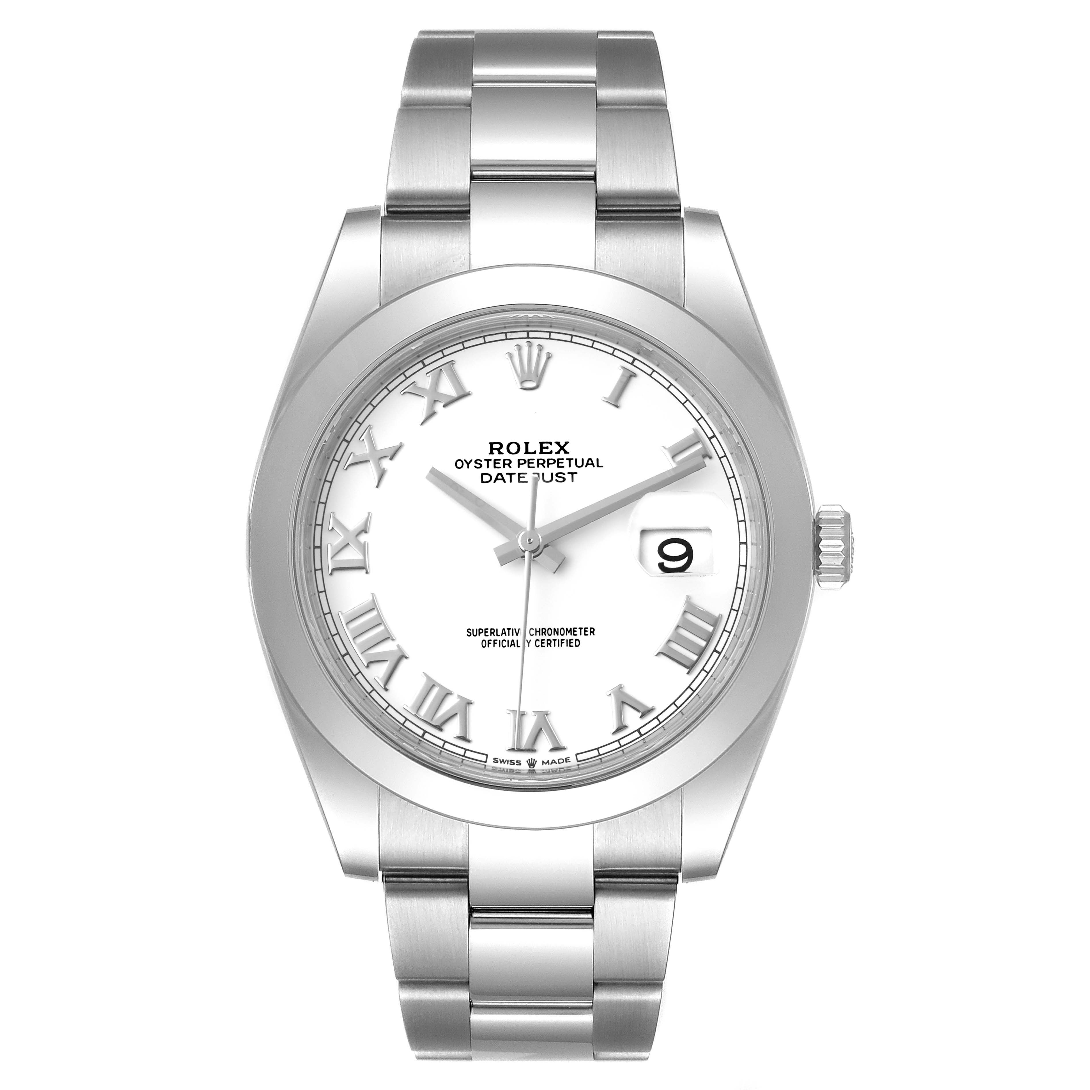The image shows a front view of the Rolex Datejust 41 126300 Men's Stainless Steel White Dial 126300 Men's Stainless Steel White Dial watch, highlighting its dial, bezel, and bracelet.