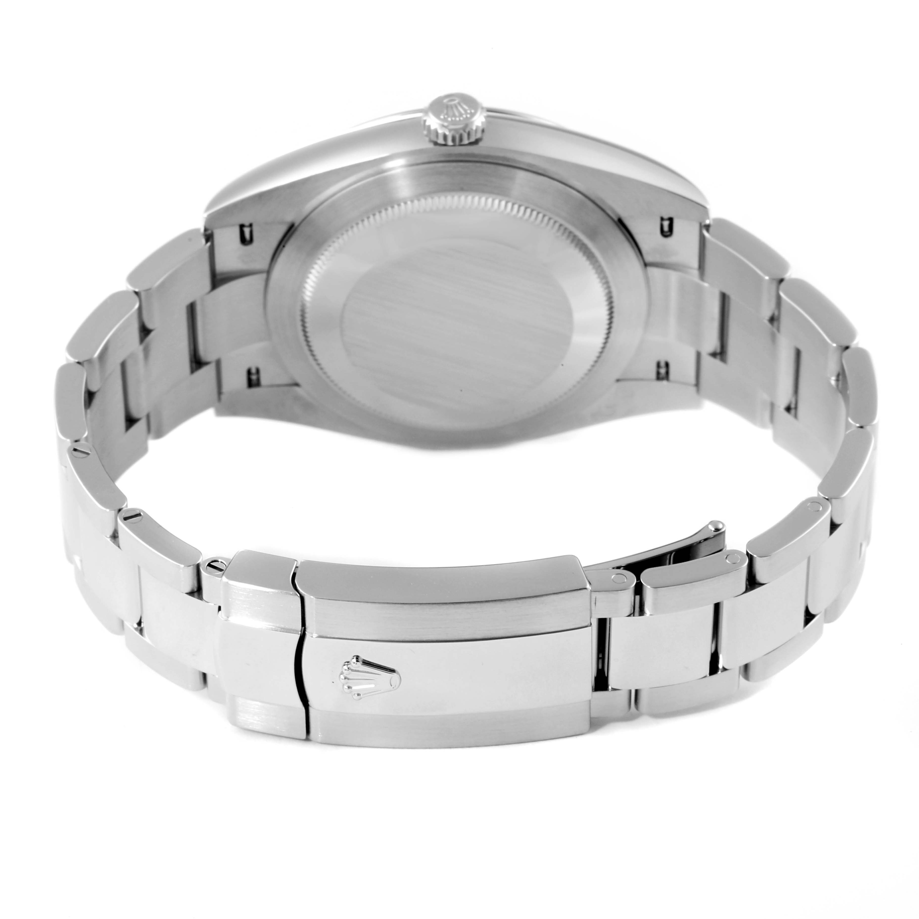 The image shows the back view of a Rolex Datejust 41 126300 Men's Stainless Steel White Dial 126300 Men's Stainless Steel White Dial's case and bracelet with the clasp visible.