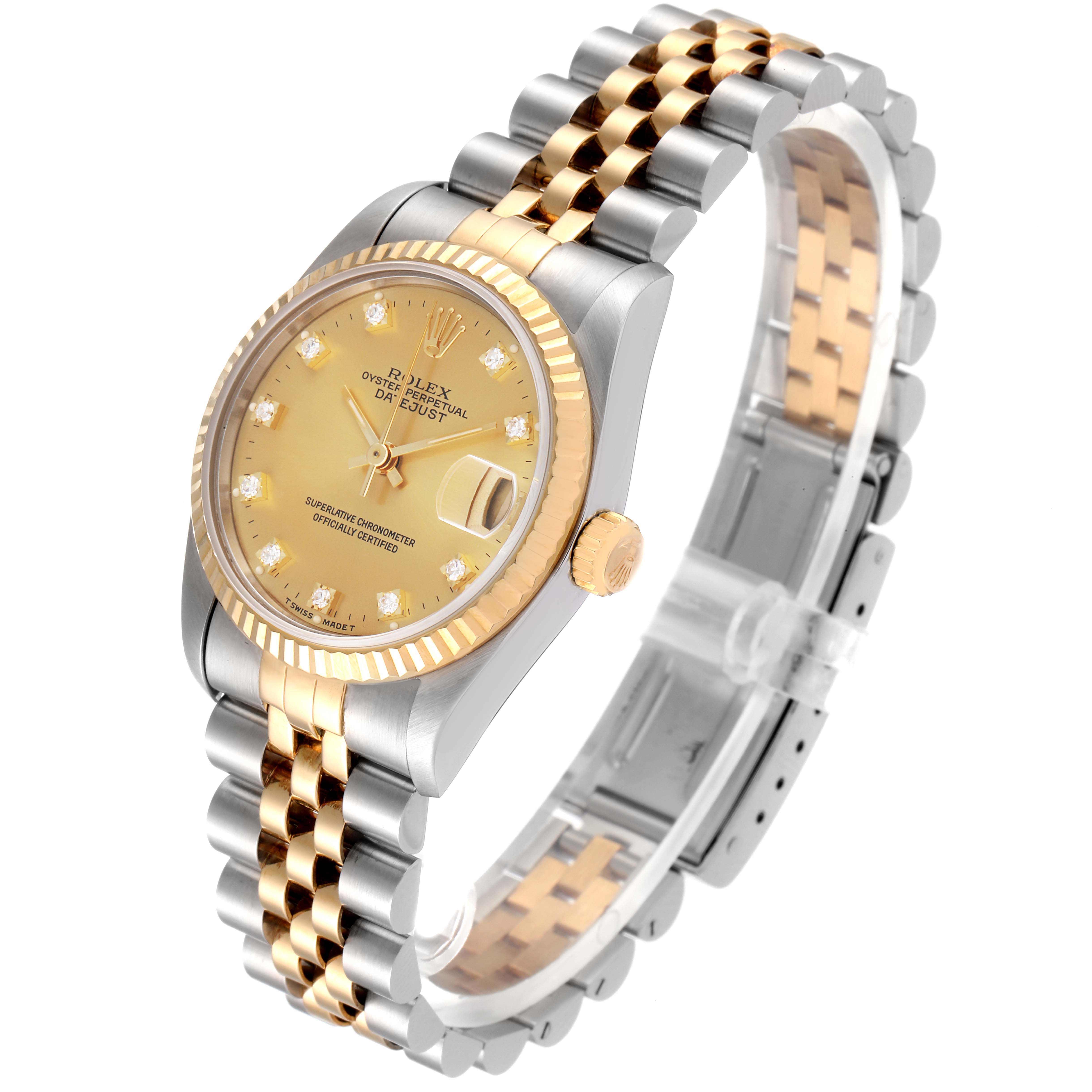 This image shows a Rolex Datejust 68273 Women's Stainless Steel Champagne Dial 68273 Women's Stainless Steel Champagne Dial watch at a three-quarter angle, highlighting its bezel, dial, and two-tone bracelet.