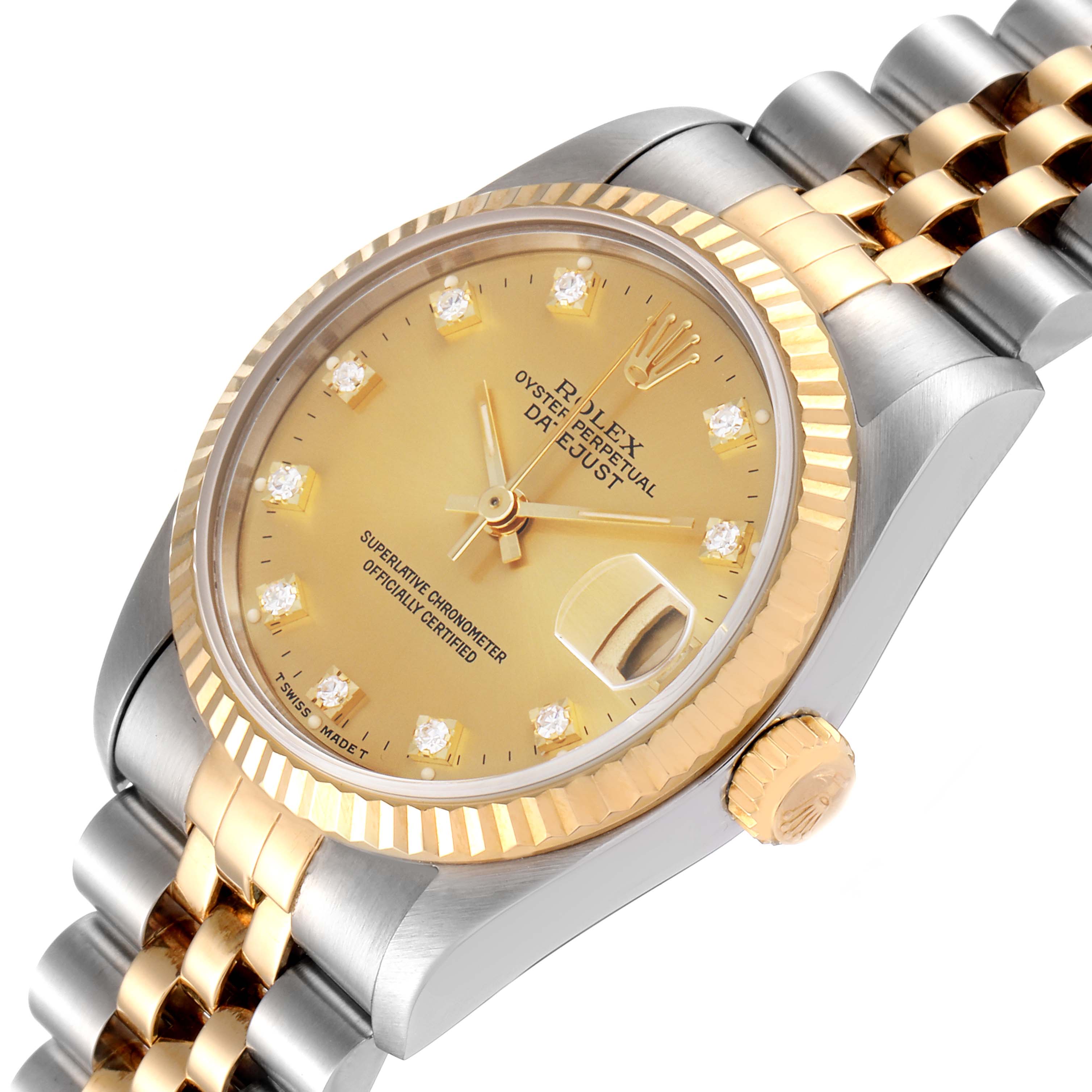 The image shows a Rolex Datejust 68273 Women's Stainless Steel Champagne Dial 68273 Women's Stainless Steel Champagne Dial watch at an angled close-up highlighting the dial, bezel, crown, and part of the bracelet.