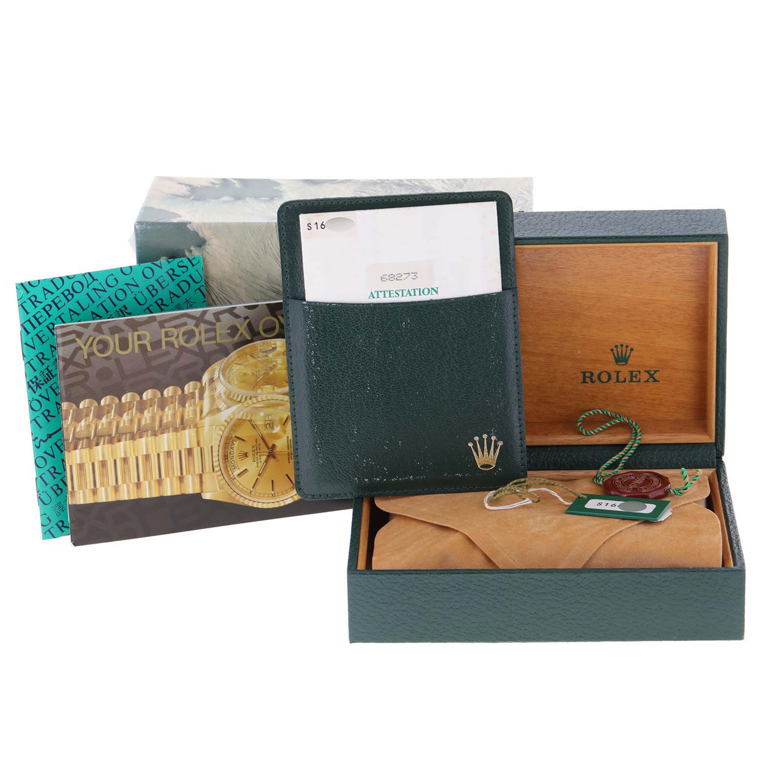The image shows the packaging, documentation, and accessories for the Rolex Datejust 68273 Women's Stainless Steel Champagne Dial 68273 Women's Stainless Steel Champagne Dial watch.