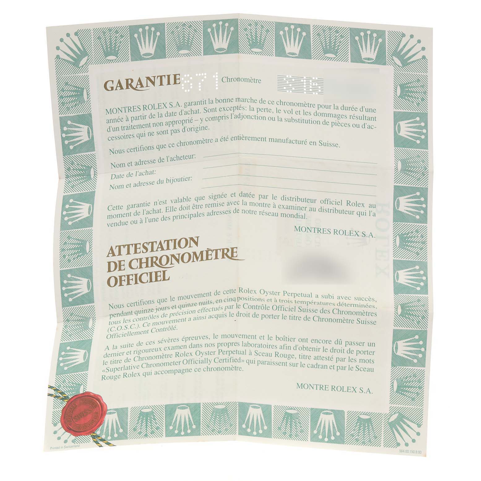 This image shows an official Rolex guarantee and chronometer certification document for a Datejust model.