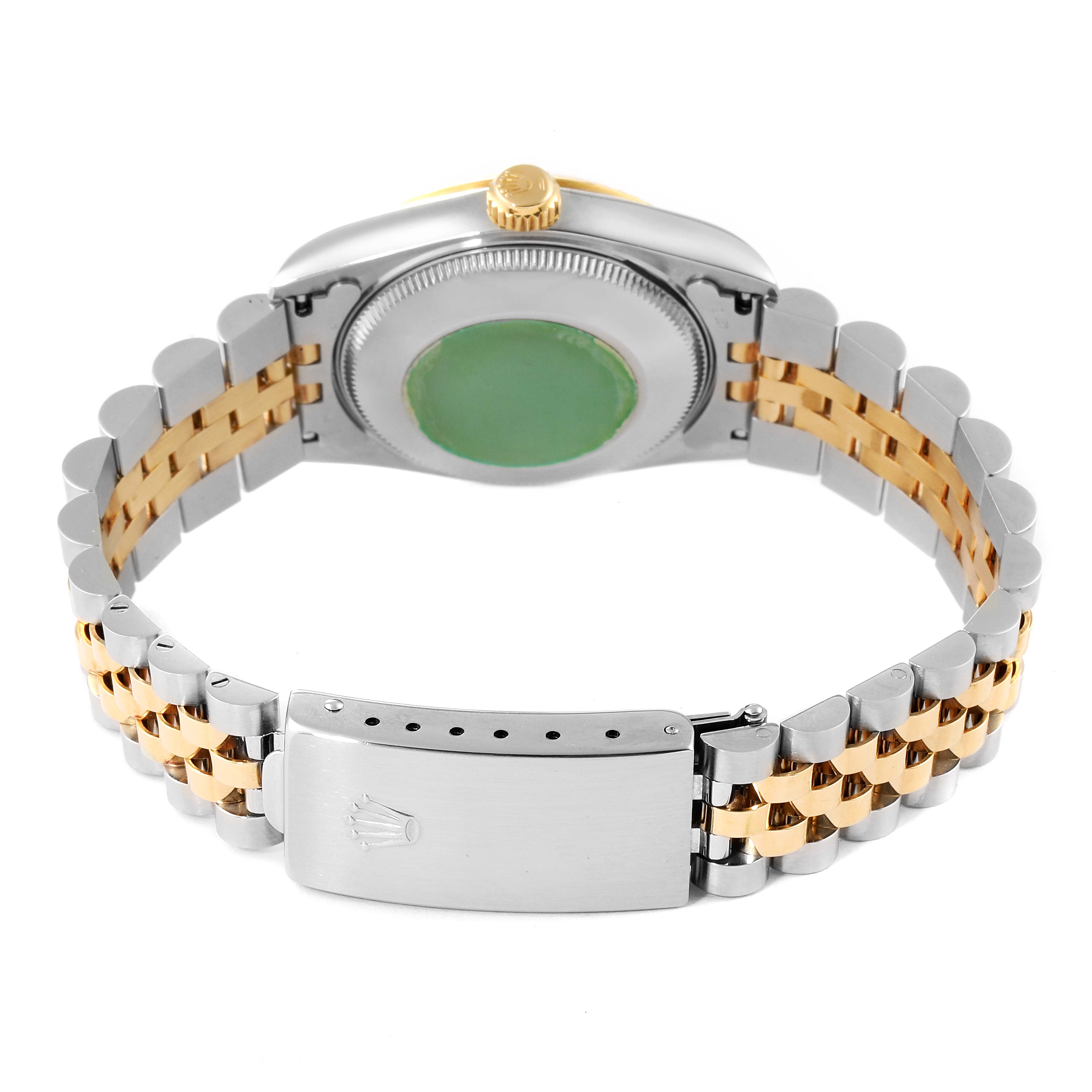 This image shows the back case and bracelet of a Rolex Datejust 68273 Women's Stainless Steel Champagne Dial 68273 Women's Stainless Steel Champagne Dial watch, featuring a two-tone metal design.