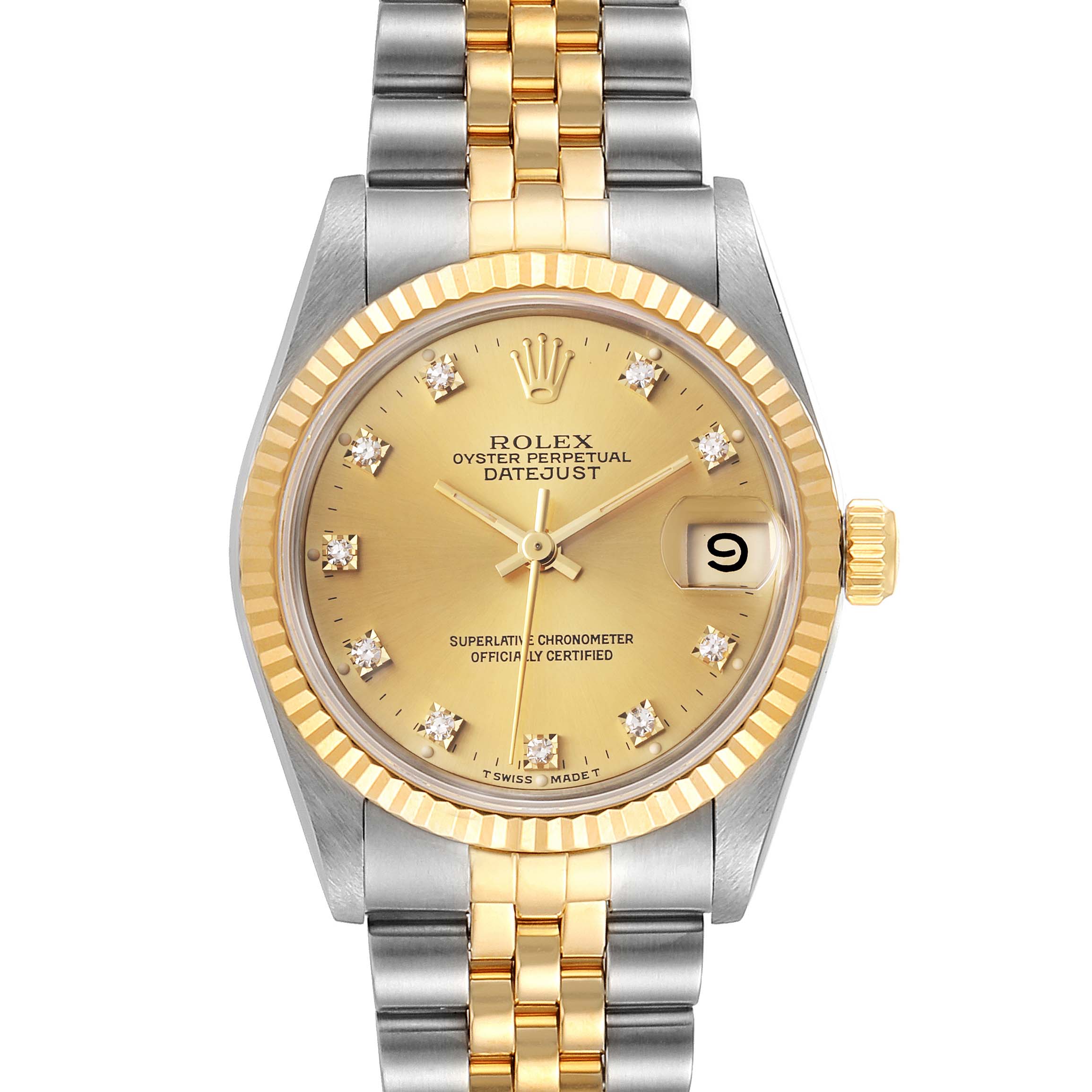 The image shows a Rolex Datejust 68273 Women's Stainless Steel Champagne Dial 68273 Women's Stainless Steel Champagne Dial watch from a front angle, displaying the entire dial, bezel, and part of the bracelet.