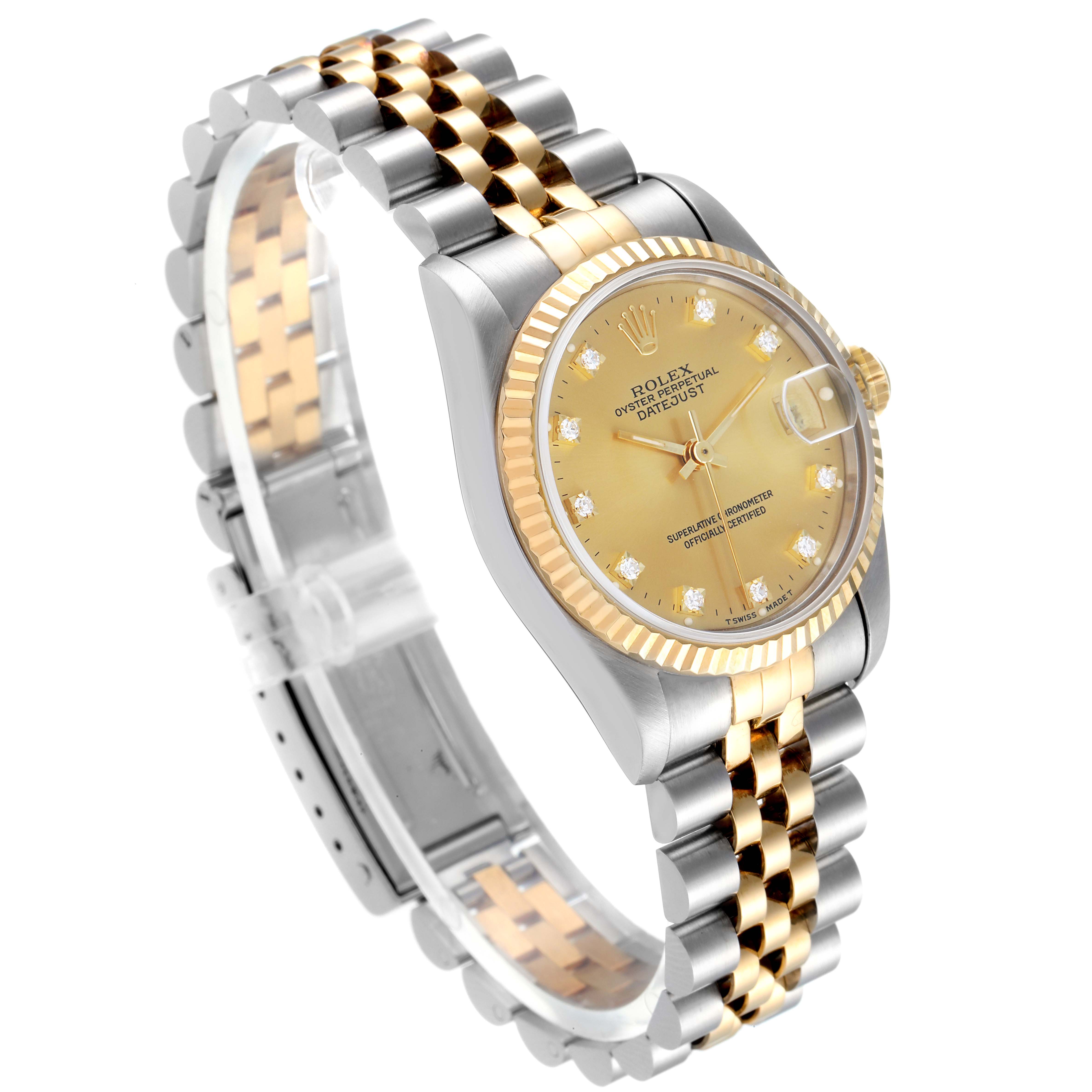 The image shows a Rolex Datejust 68273 Women's Stainless Steel Champagne Dial 68273 Women's Stainless Steel Champagne Dial watch at a tilted angle, highlighting its gold dial, fluted bezel, and two-tone bracelet.