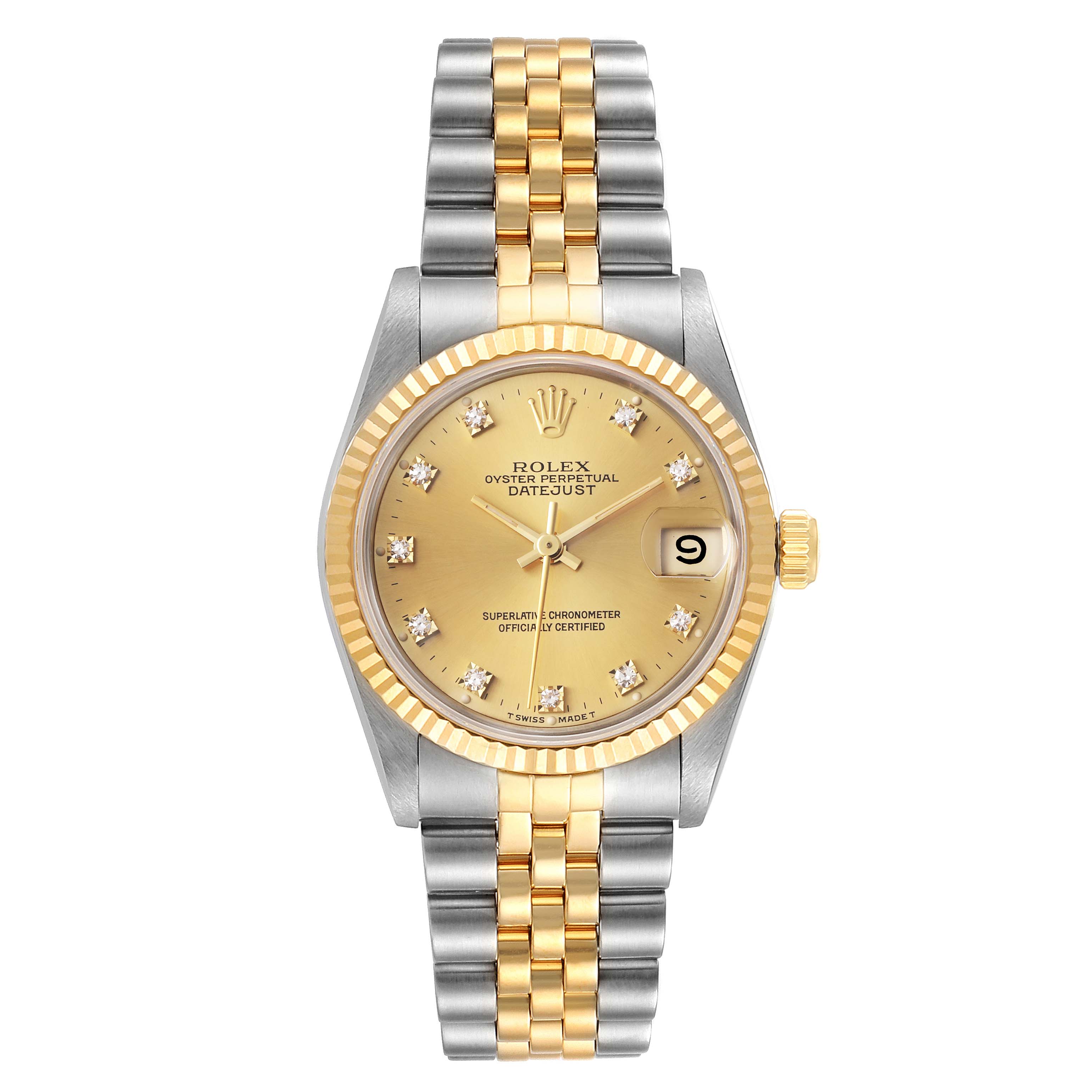 The Rolex Datejust 68273 Women's Stainless Steel Champagne Dial 68273 Women's Stainless Steel Champagne Dial watch is shown from the front, displaying the dial, bezel, case, and bracelet.