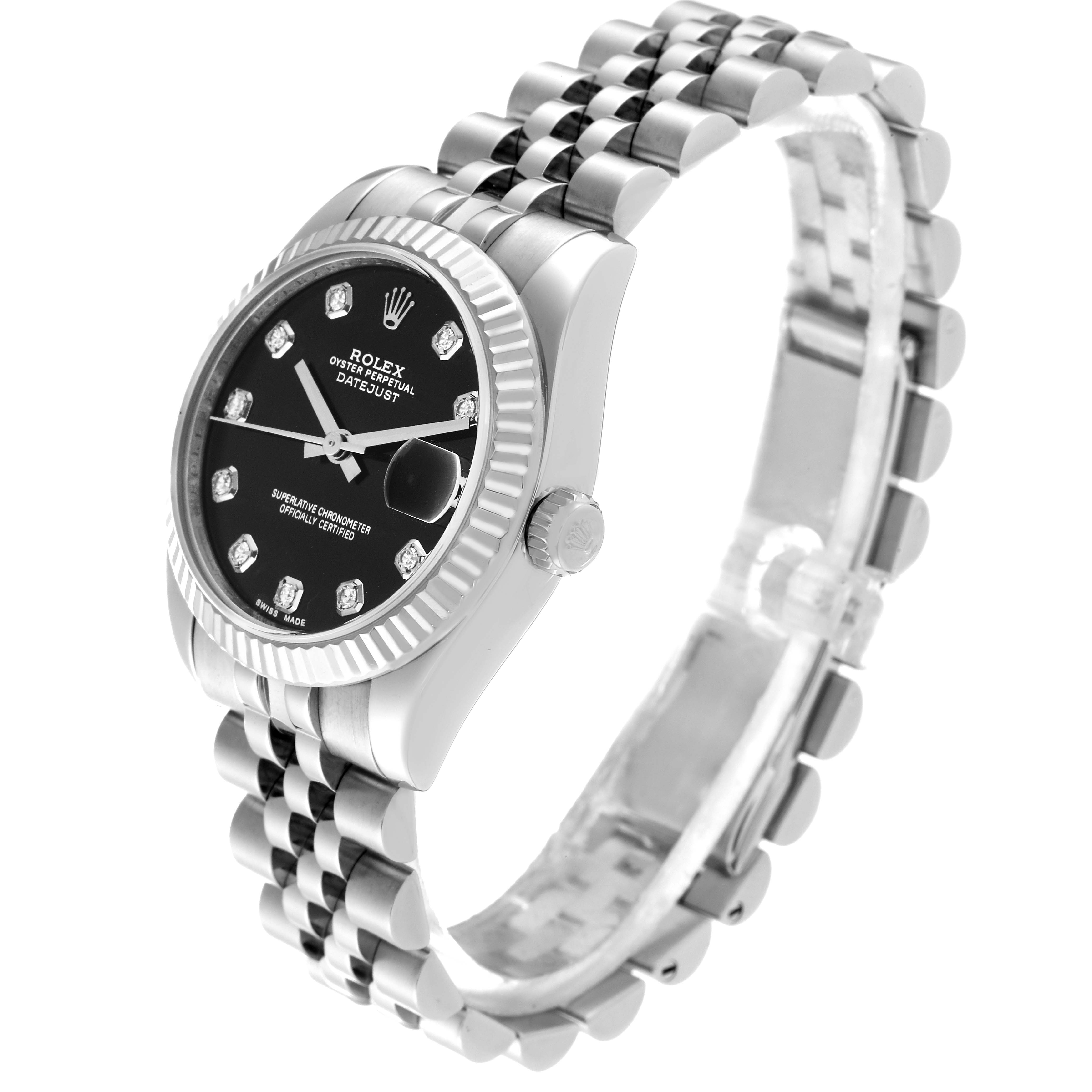 The Rolex Mid-Size 178274 Women's Stainless Steel Black Dial 178274 Women's Stainless Steel Black Dial Datejust watch is shown at a slight angle highlighting the dial, bezel, crown, and jubilee bracelet.