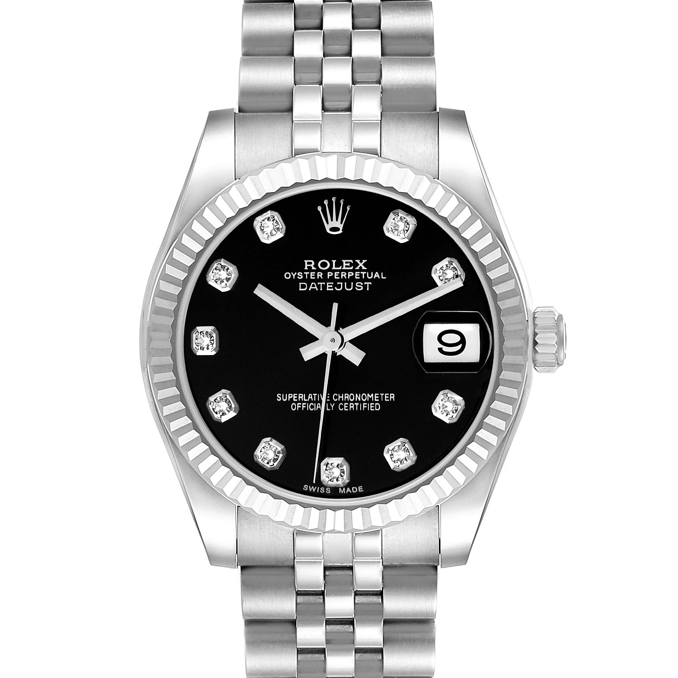 The image shows a front view of the Mid-Size Rolex Datejust watch, displaying the dial, bezel, and bracelet.