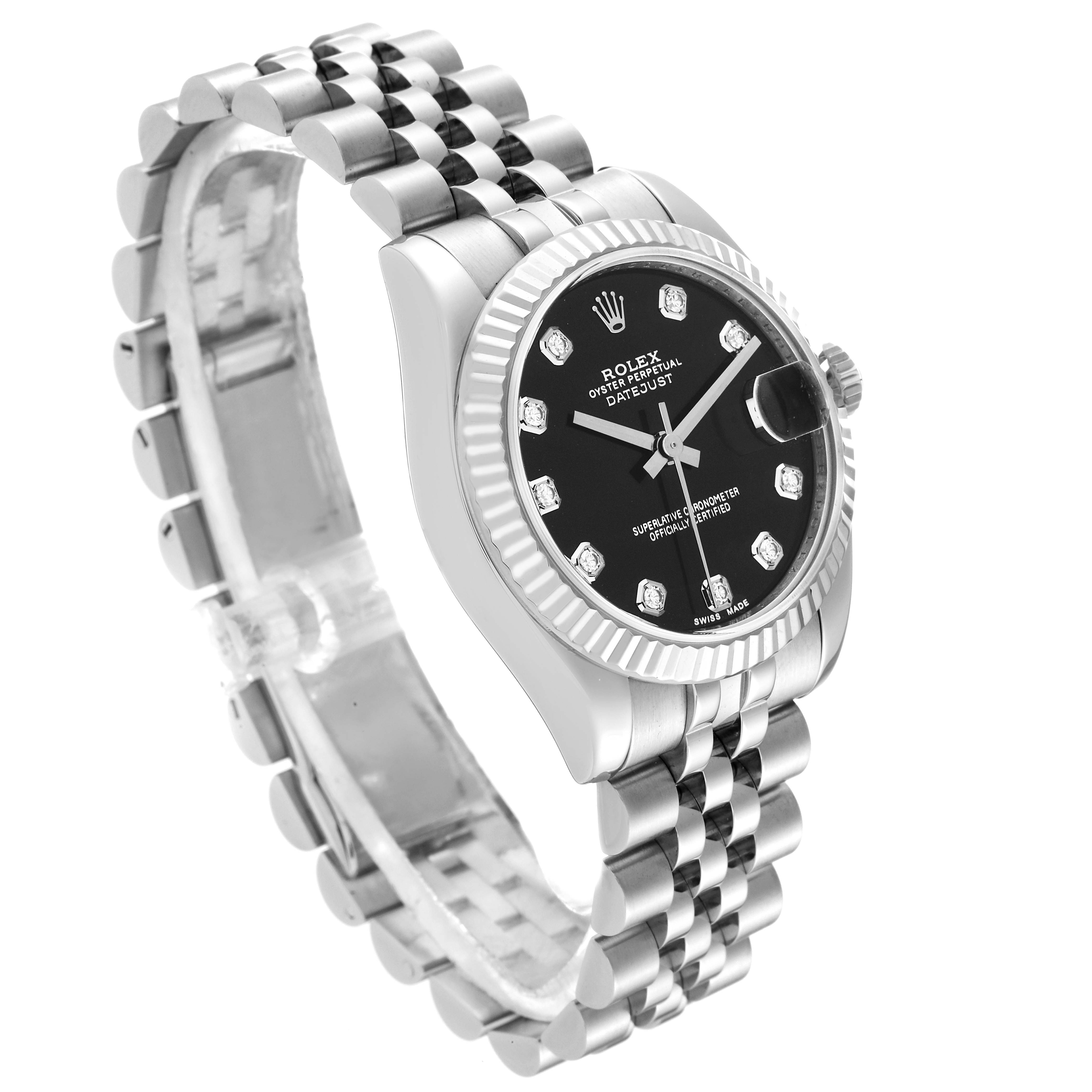 The Rolex Mid-Size 178274 Women's Stainless Steel Black Dial 178274 Women's Stainless Steel Black Dial Datejust watch is shown at a slight angle, displaying the dial, bezel, and Jubilee bracelet.