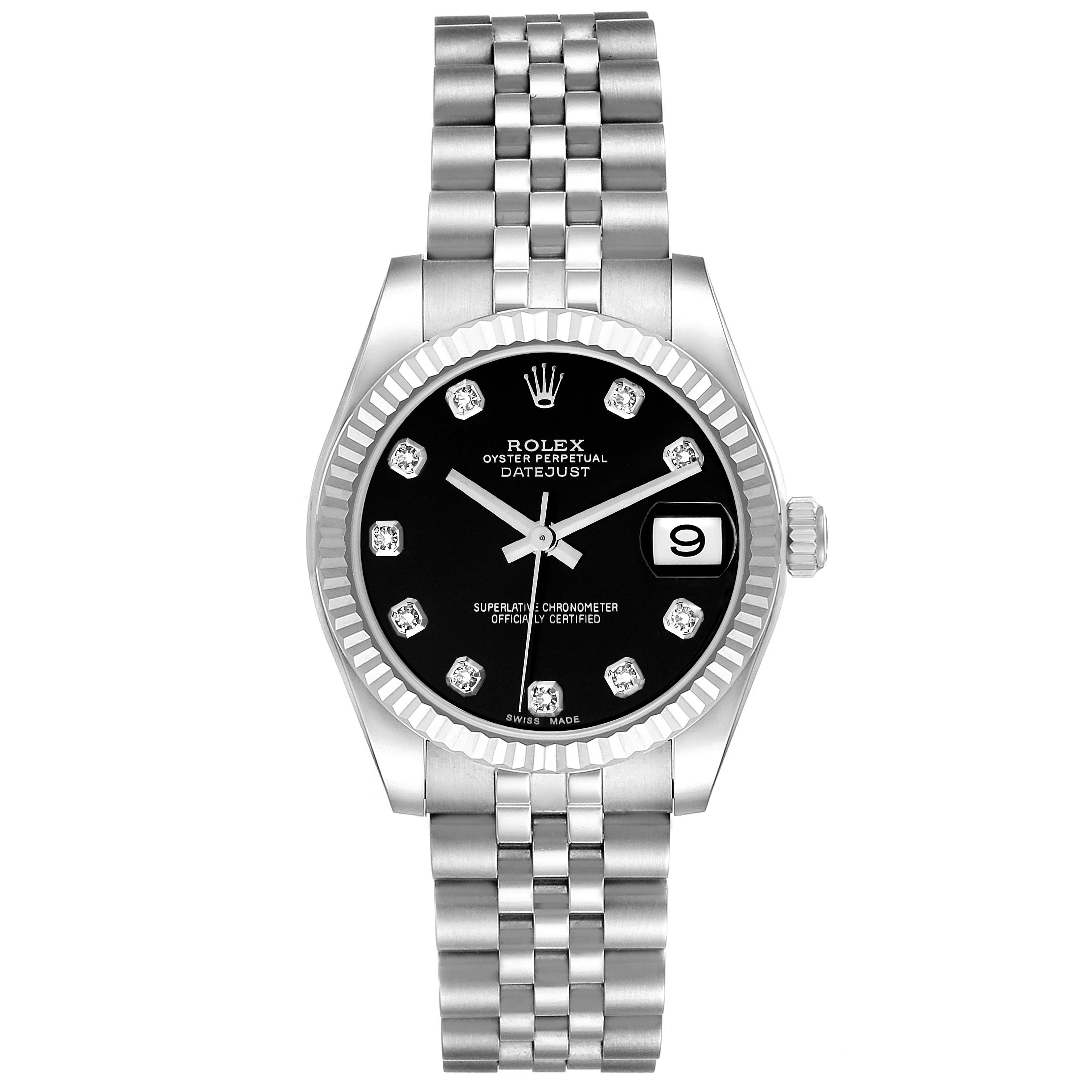 The image shows a front view of a Rolex Oyster Perpetual Datejust Mid-Size watch, displaying its black dial, date window, and stainless steel bracelet.