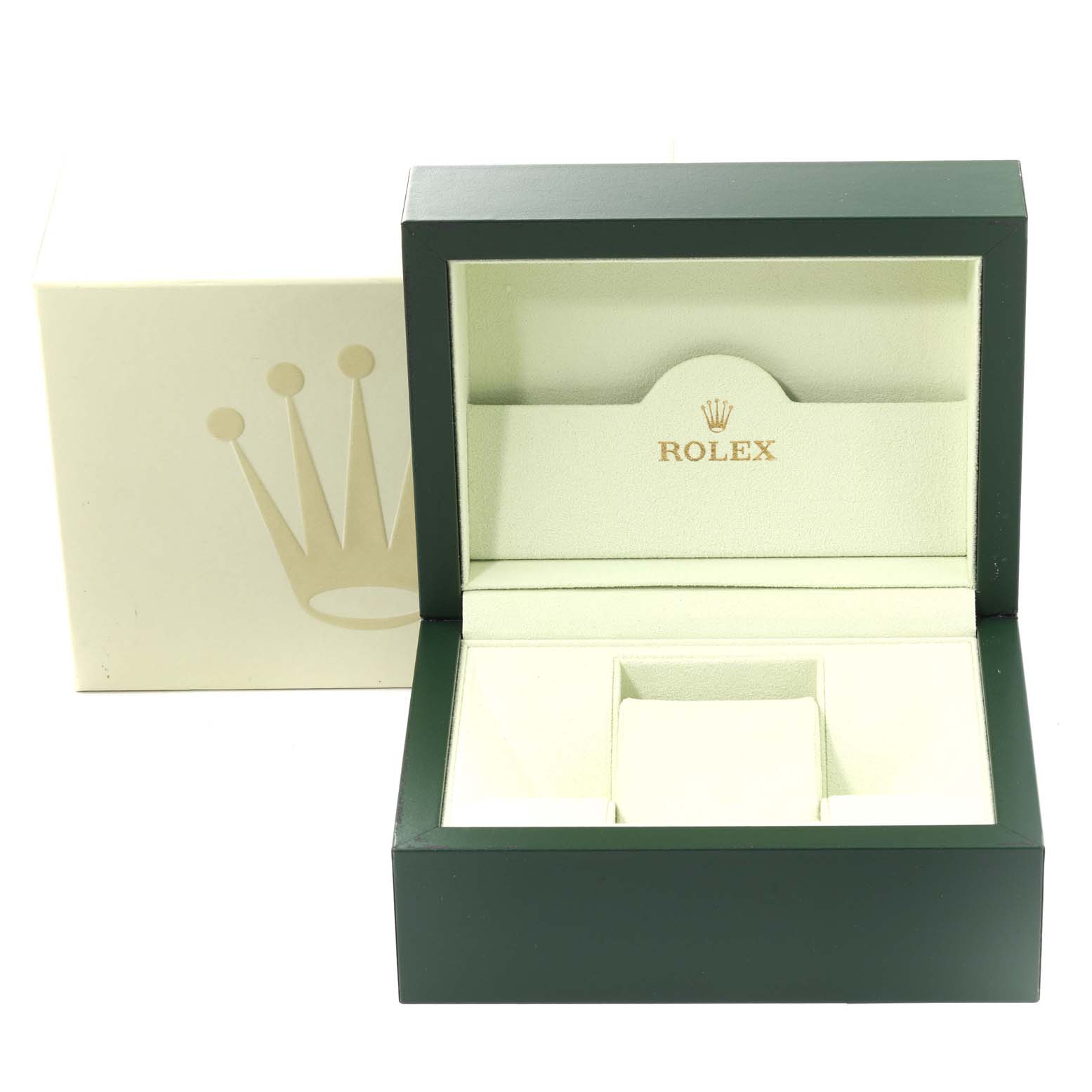 The image shows an open Rolex watch box for a Mid-Size model, featuring green exterior and cream interior with branding.