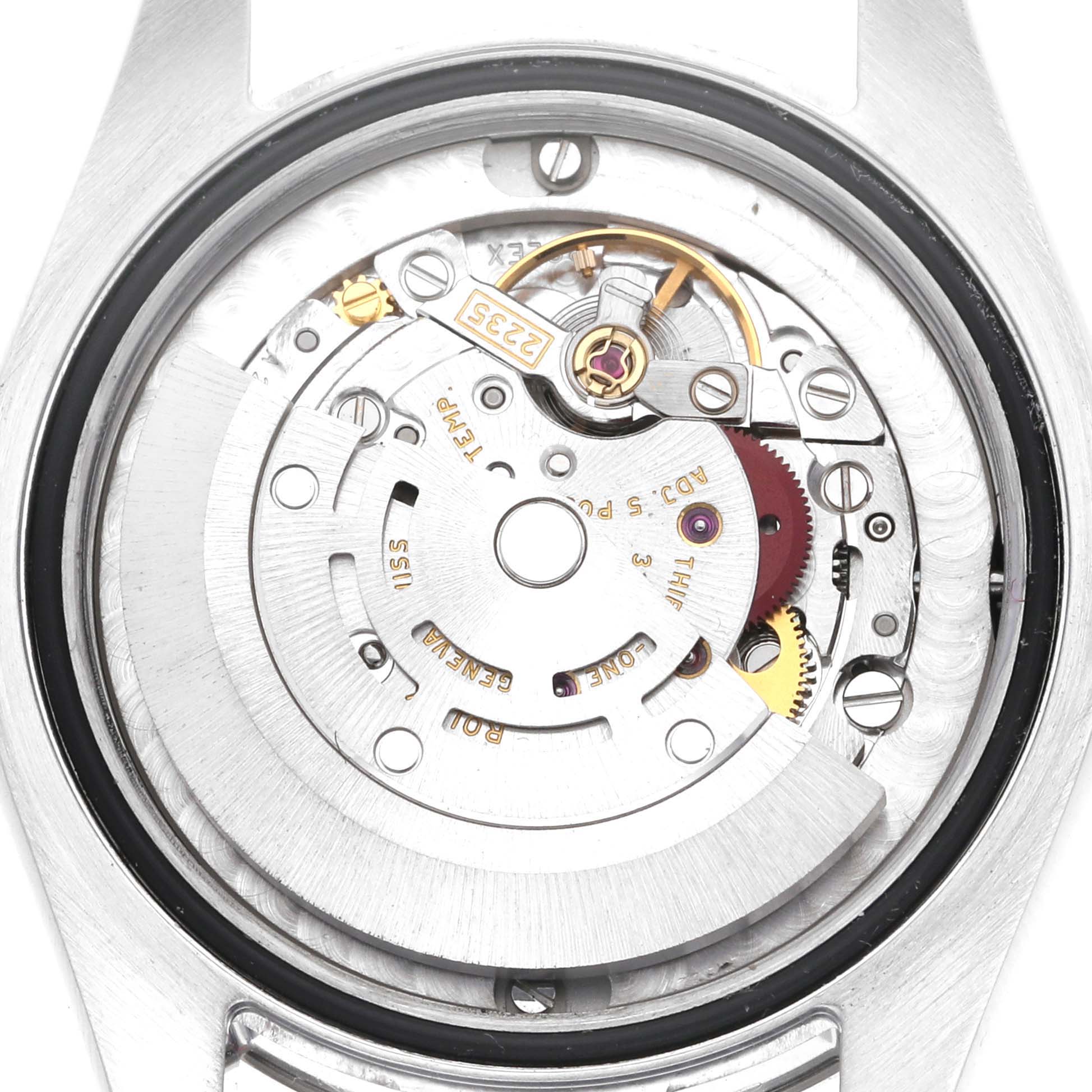 This image shows a close-up of the internal mechanism of a Rolex Mid-Size 178274 Women's Stainless Steel Black Dial 178274 Women's Stainless Steel Black Dial model watch.