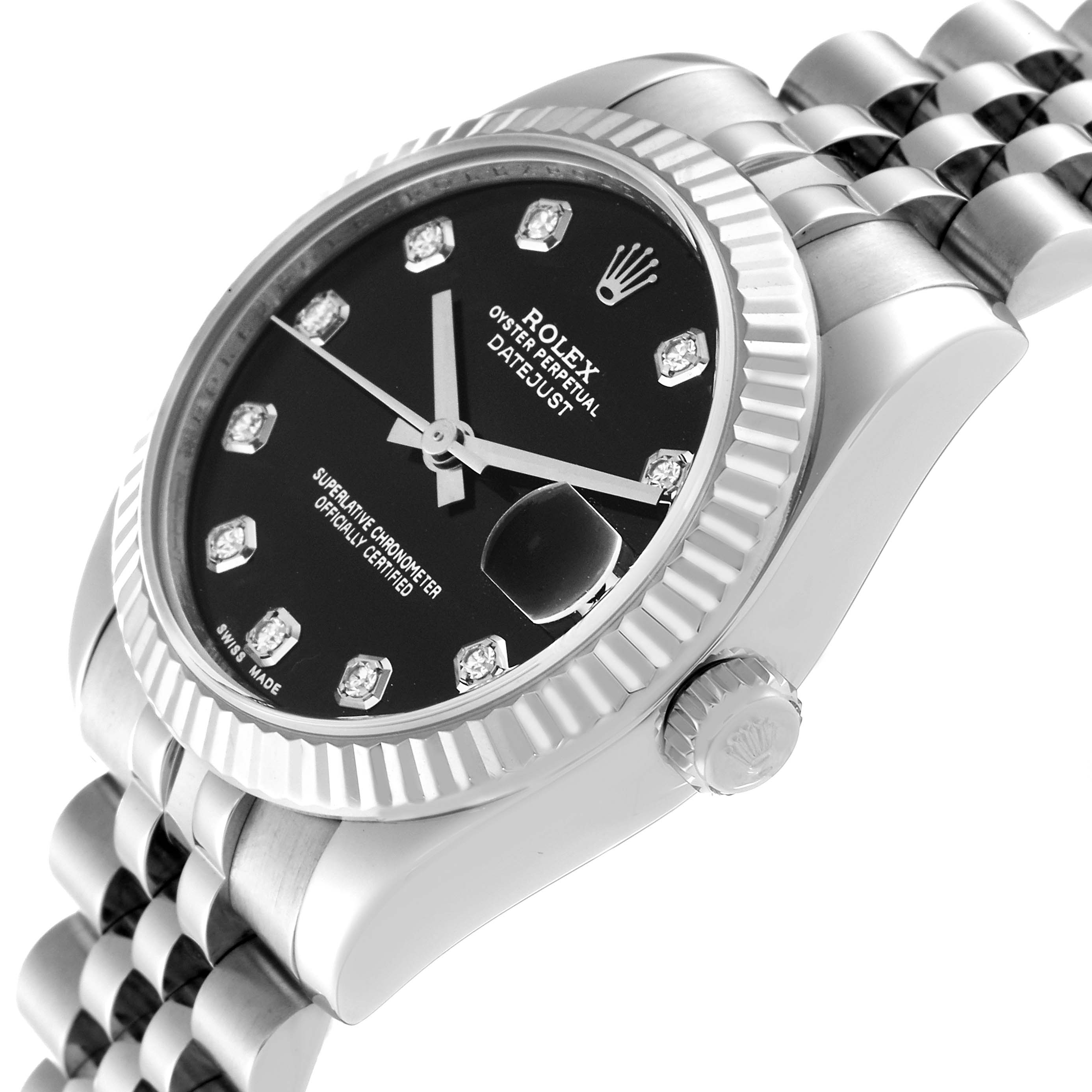 This Rolex Mid-Size 178274 Women's Stainless Steel Black Dial 178274 Women's Stainless Steel Black Dial Datejust watch is shown at an angle highlighting the dial, bezel, crown, and part of the Jubilee bracelet.