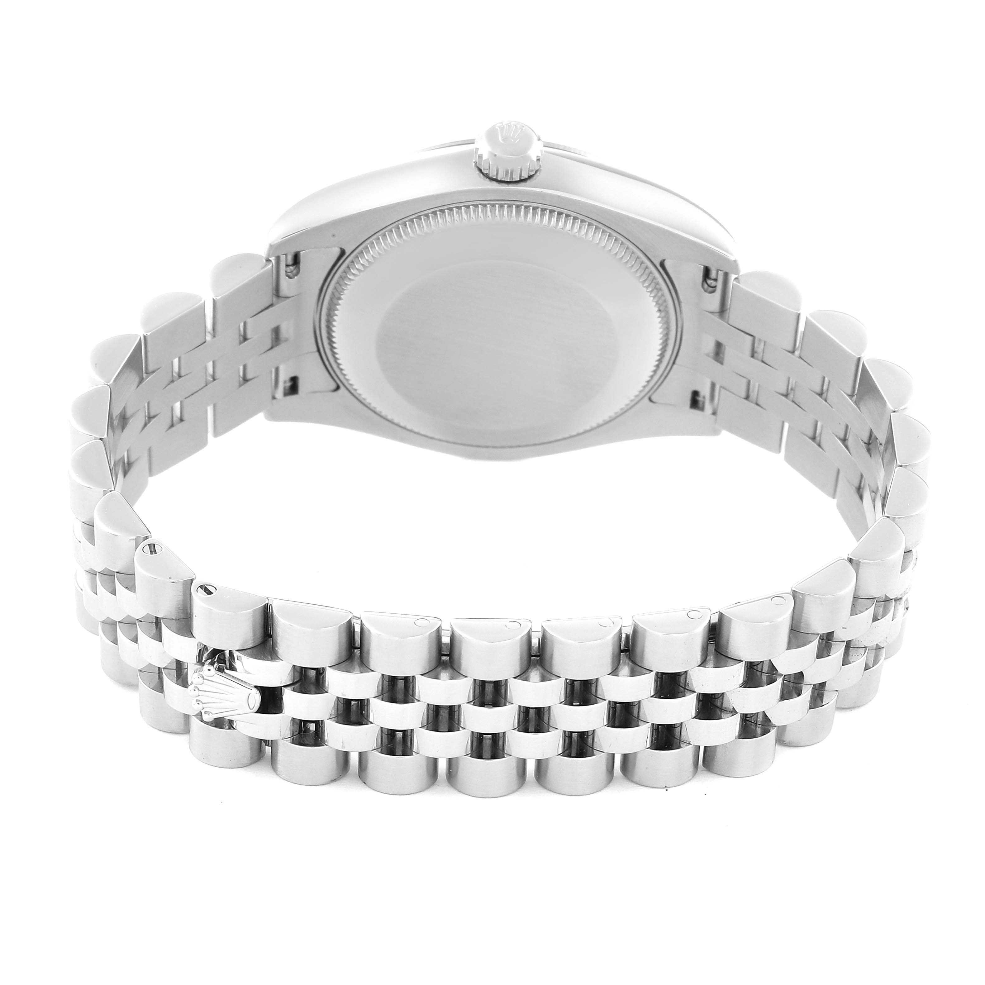 The image shows the back view of a Rolex Mid-Size 178274 Women's Stainless Steel Black Dial 178274 Women's Stainless Steel Black Dial watch, highlighting its case back, crown, and jubilee bracelet.