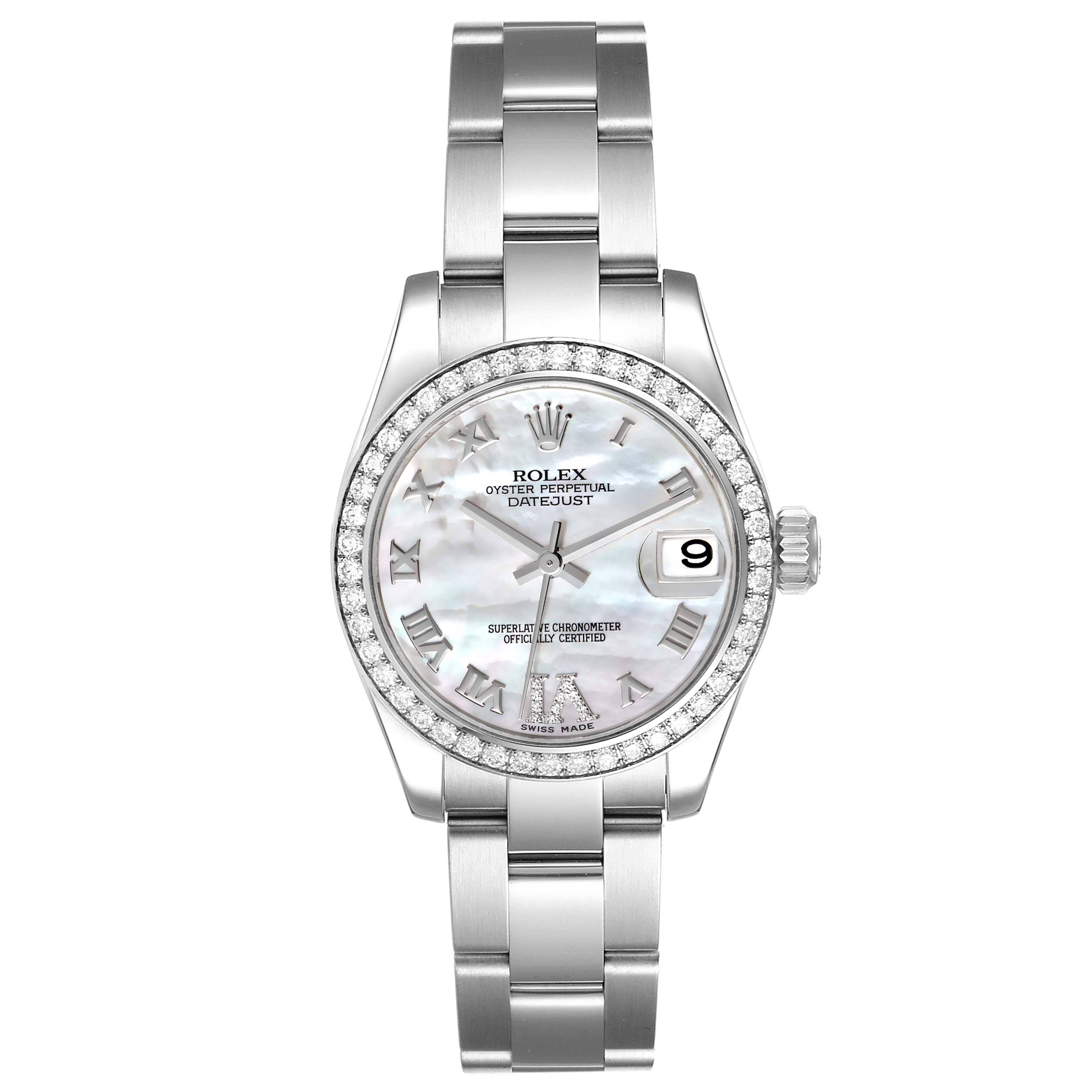 This is a front view of a Rolex Mid-Size 178384 Women's Stainless Steel Mother of Pearl Dial 178384 Women's Stainless Steel Mother of Pearl Dial Oyster Perpetual Datejust watch displaying the face, bezel, and bracelet.