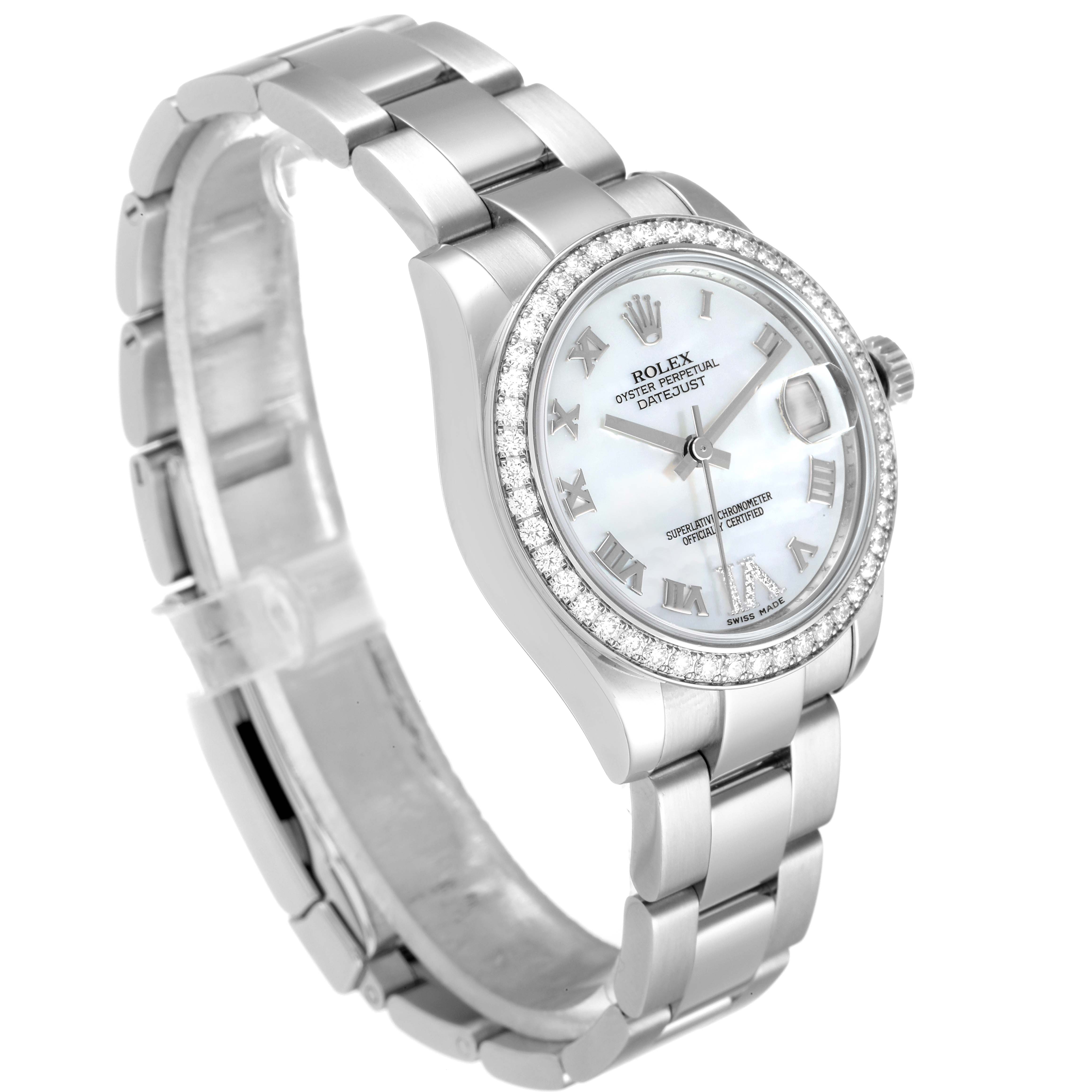 The Rolex Mid-Size 178384 Women's Stainless Steel Mother of Pearl Dial 178384 Women's Stainless Steel Mother of Pearl Dial Datejust watch is viewed at a slight angle, showing its bezel, dial, bracelet, and clasp.