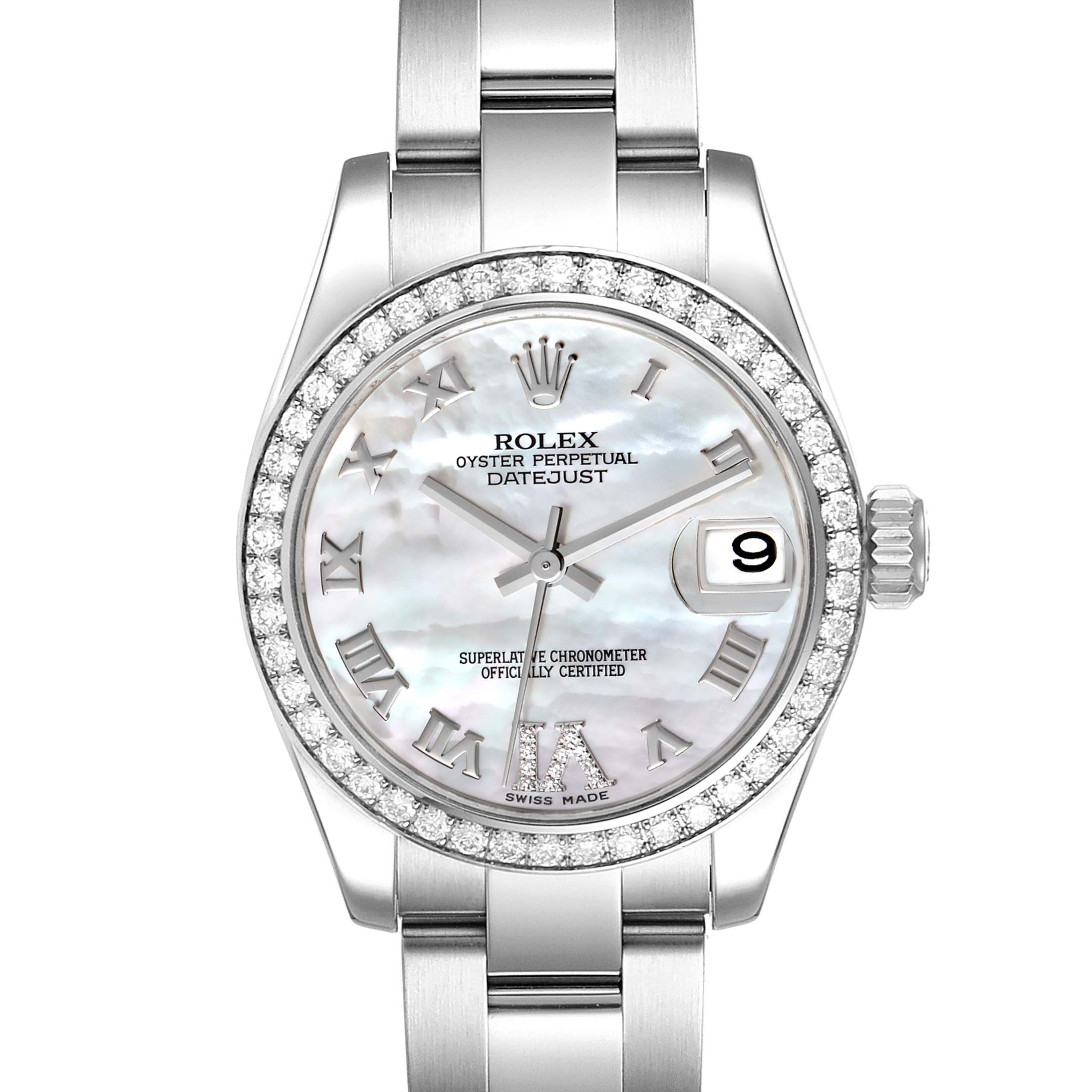 This image shows the front view of a Rolex Mid-Size 178384 Women's Stainless Steel Mother of Pearl Dial 178384 Women's Stainless Steel Mother of Pearl Dial Datejust watch featuring a silver bracelet and a diamond-encrusted bezel.