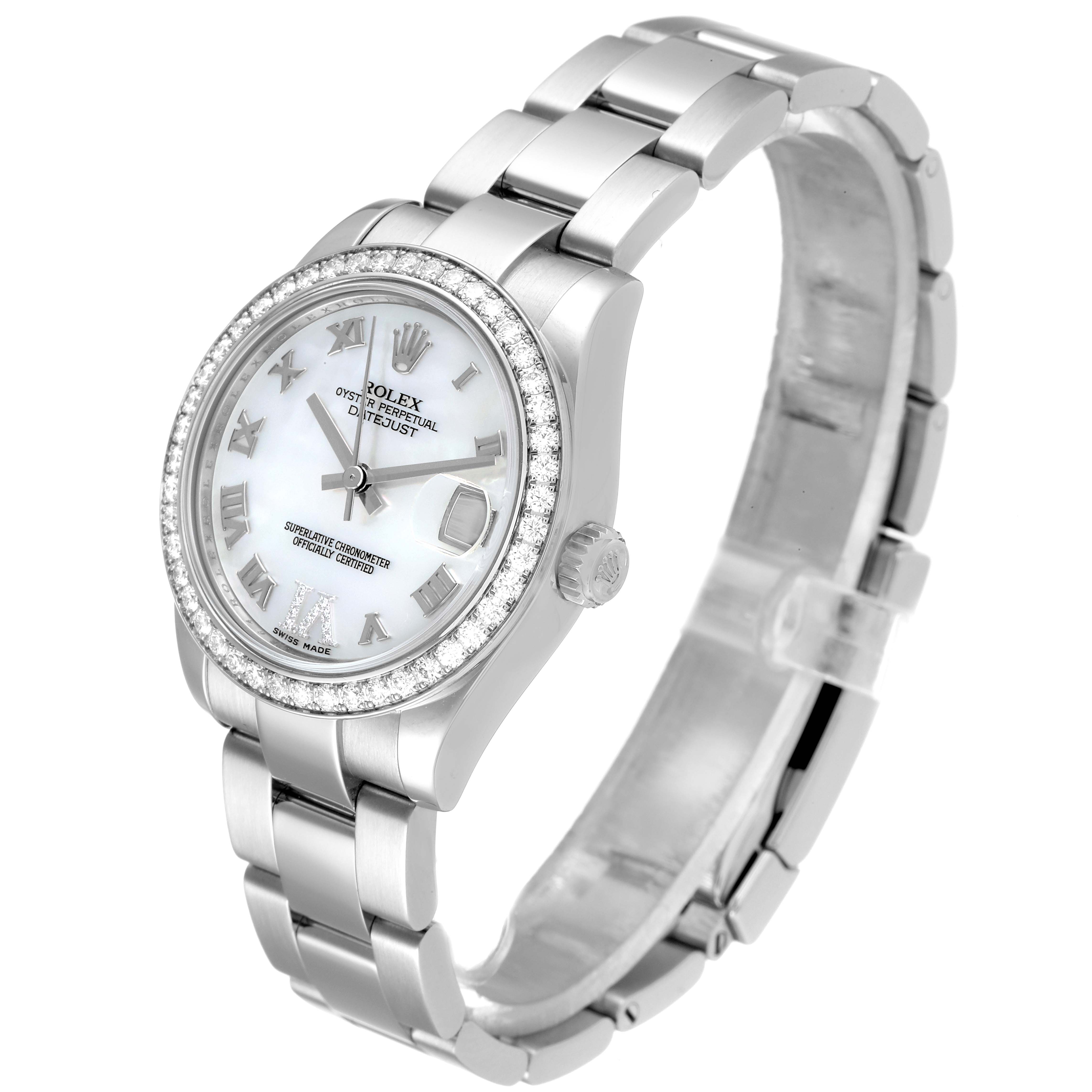The angled view shows the face, bezel, crown, and bracelet of the Rolex Mid-Size 178384 Women's Stainless Steel Mother of Pearl Dial 178384 Women's Stainless Steel Mother of Pearl Dial model watch.