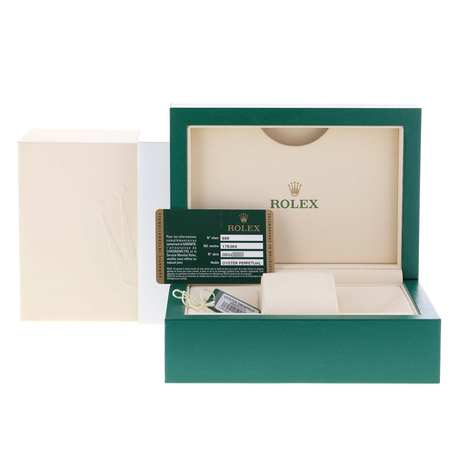 The image shows a Rolex Mid-Size 178384 Women's Stainless Steel Mother of Pearl Dial 178384 Women's Stainless Steel Mother of Pearl Dial model's green box with an authenticity card, tag, and cushion for the watch.
