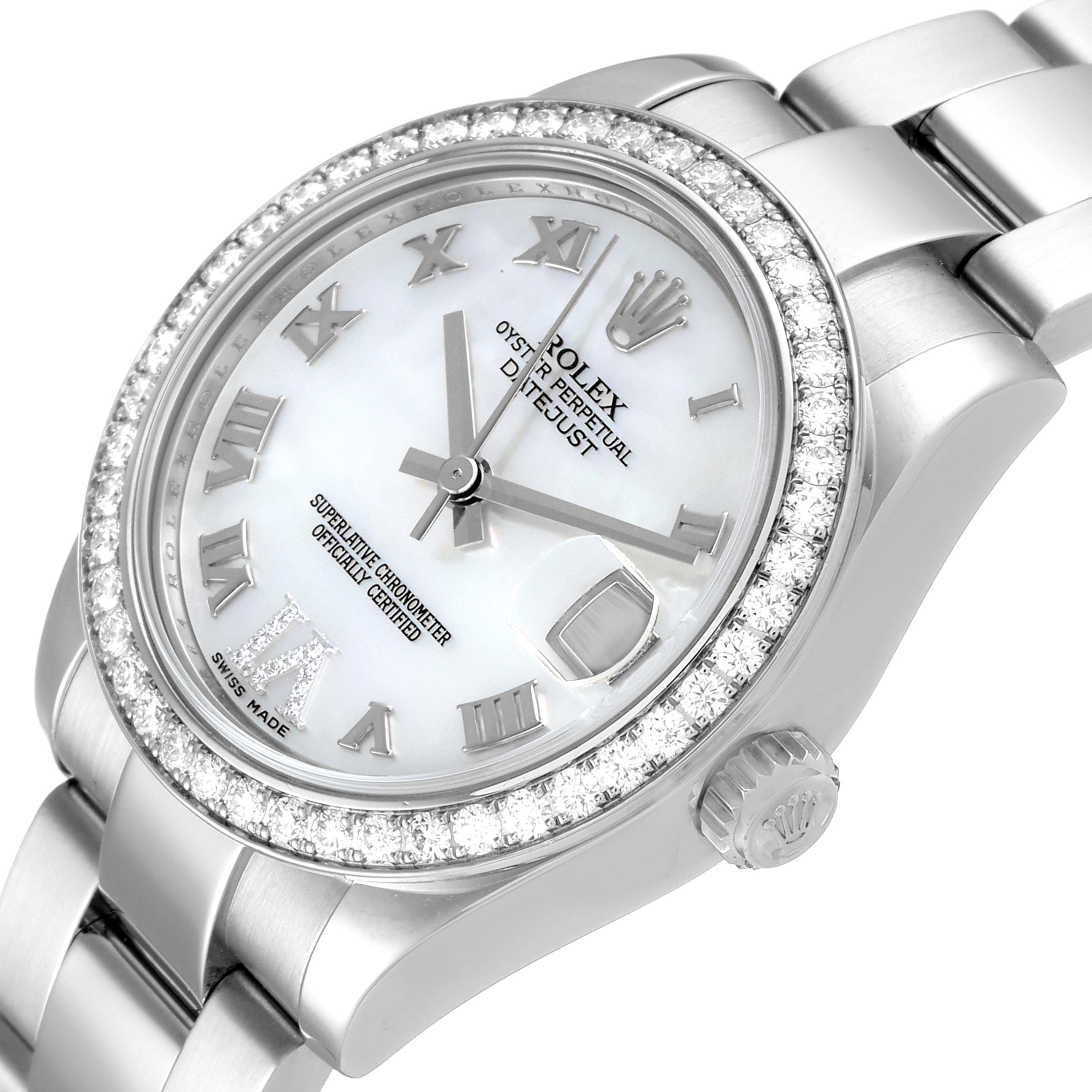 The image shows a side and front angle of a Rolex Mid-Size 178384 Women's Stainless Steel Mother of Pearl Dial 178384 Women's Stainless Steel Mother of Pearl Dial Datejust watch, highlighting the bezel, crown, dial, and bracelet.