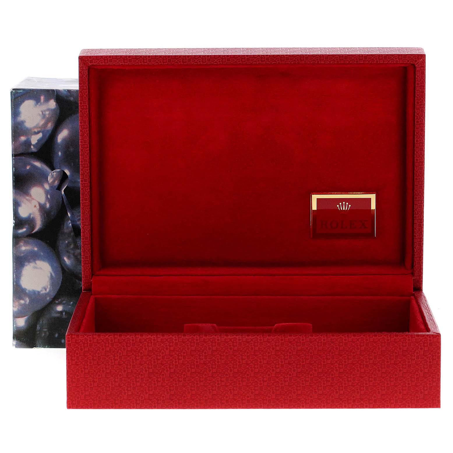 The image shows an open red watch box for a Rolex Mid-Size 78274 Women's Stainless Steel Blue Dial 78274 Women's Stainless Steel Blue Dial model.