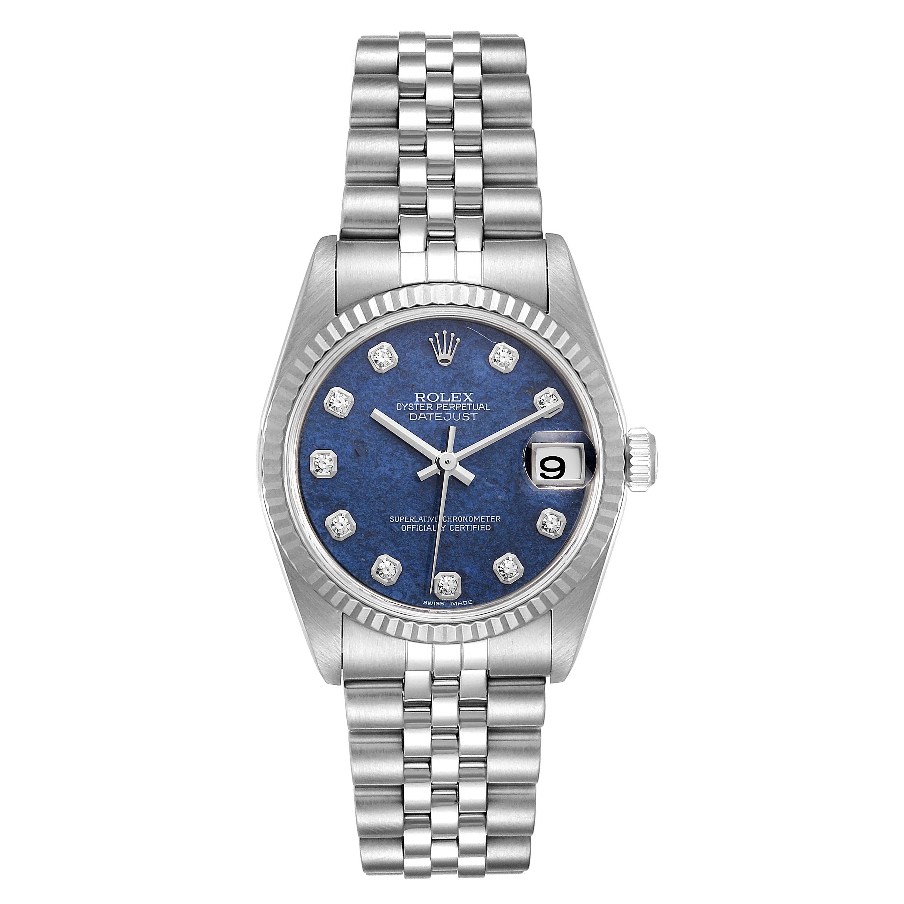 This image shows a Rolex Oyster Perpetual Datejust Mid-Size watch from the front, featuring its dial, bezel, and bracelet.