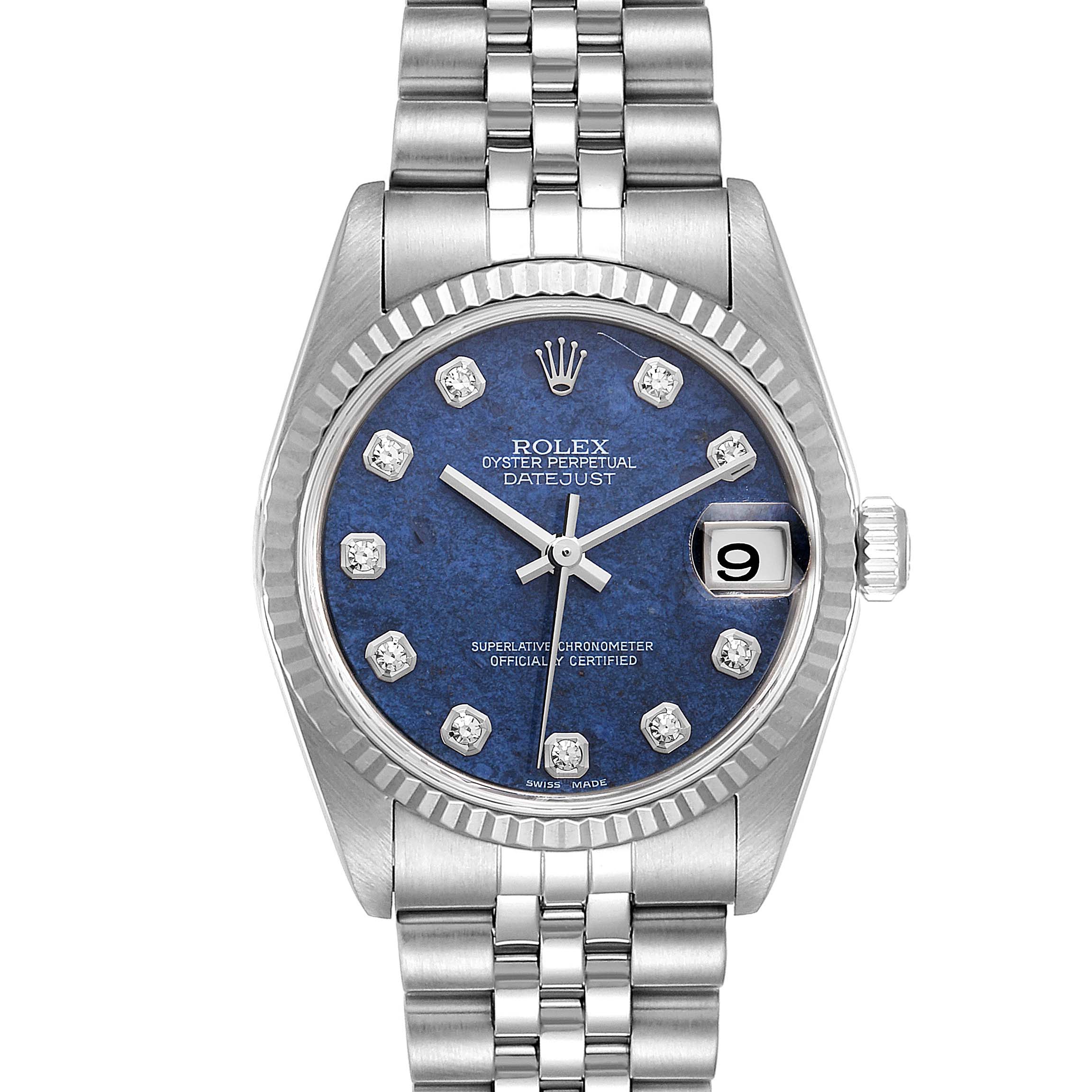 This Rolex Mid-Size 78274 Women's Stainless Steel Blue Dial 78274 Women's Stainless Steel Blue Dial Datejust watch is shown from a front angle, featuring a blue dial, date window, and stainless steel bracelet.