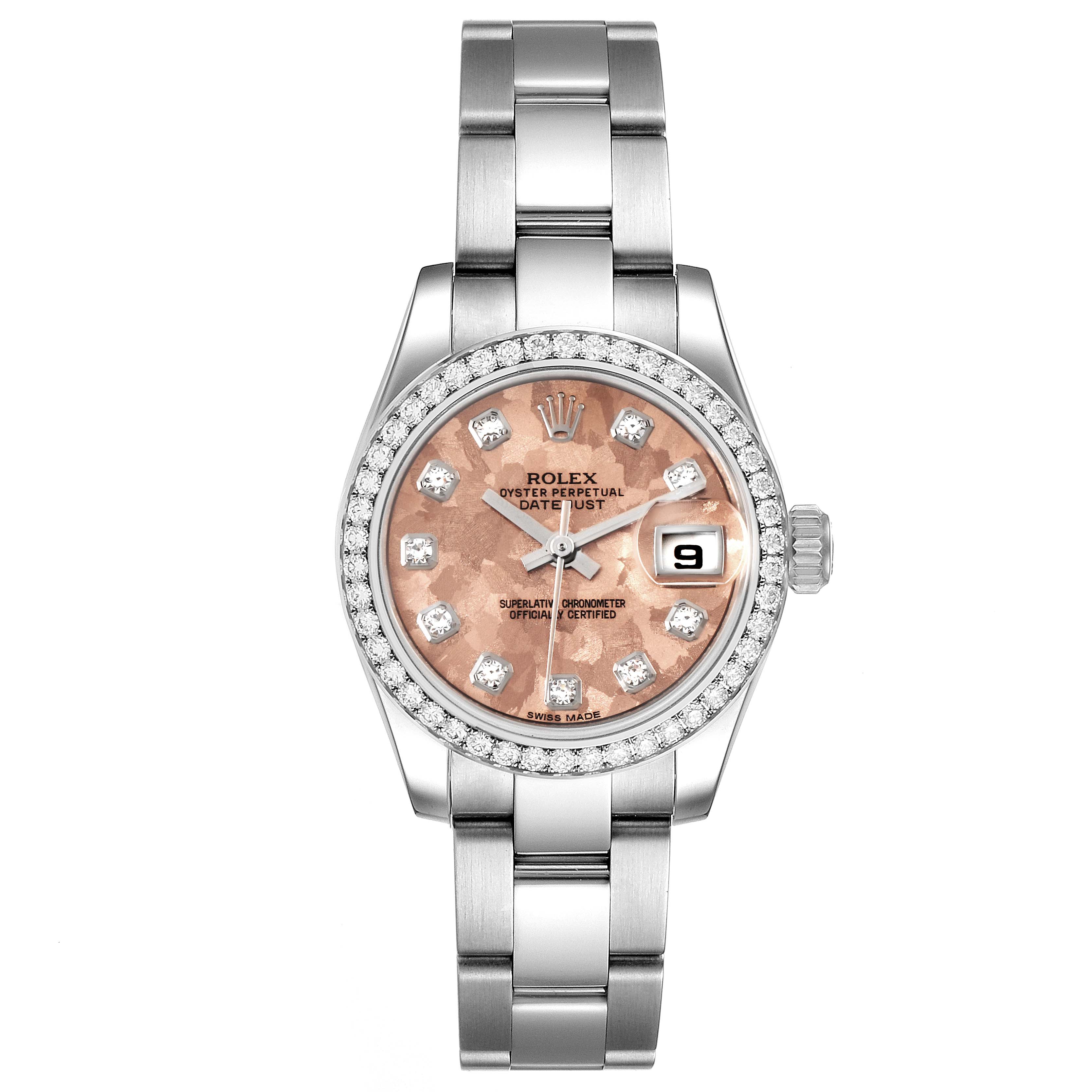 This Rolex Datejust 179384 Women
s Stainless Steel Pink Dial 179384 Women
s Stainless Steel Pink Dial watch is shown from the front, showcasing its dial, bracelet, bezel, and crown.