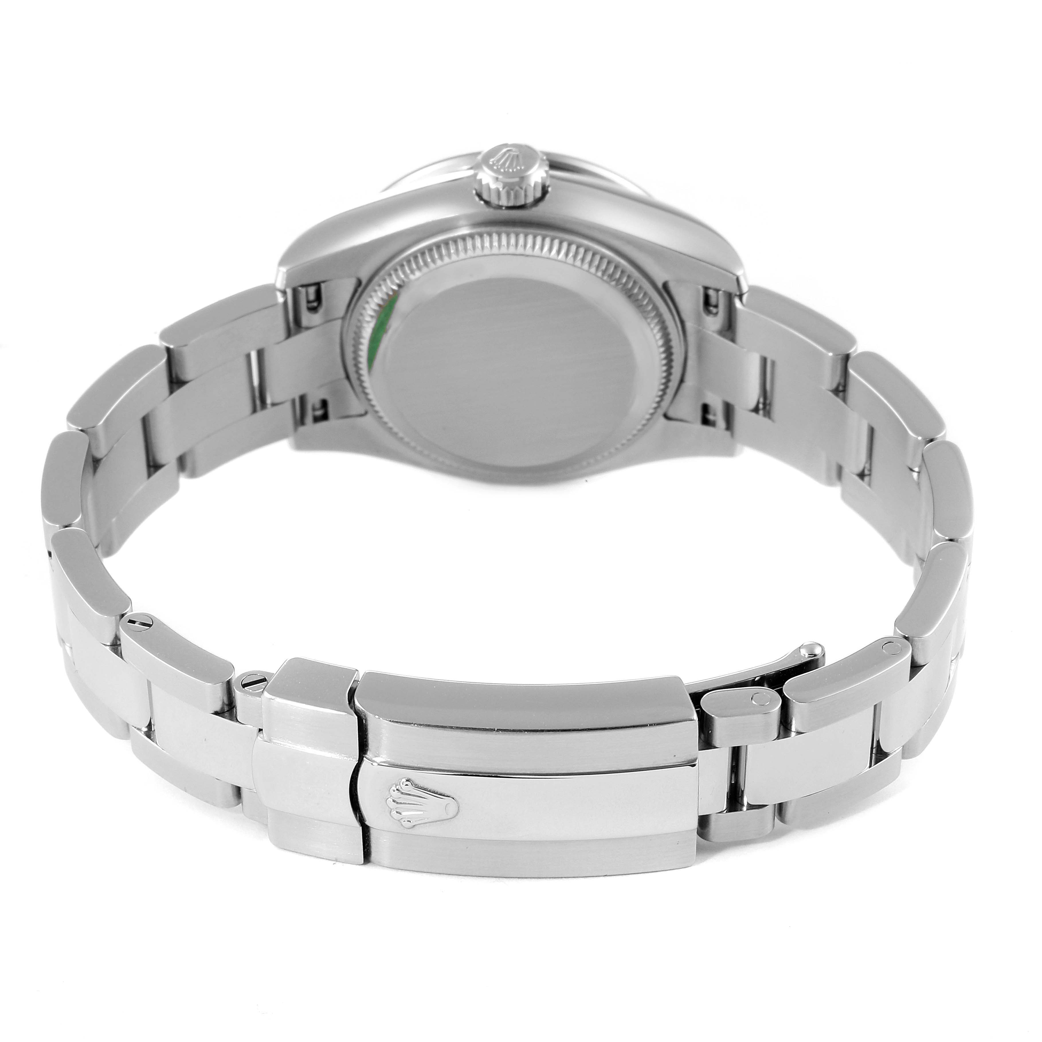 The image shows the back case and bracelet of a Rolex Datejust 179384 Women
s Stainless Steel Pink Dial 179384 Women
s Stainless Steel Pink Dial watch from a rear angle, highlighting the clasp and crown.