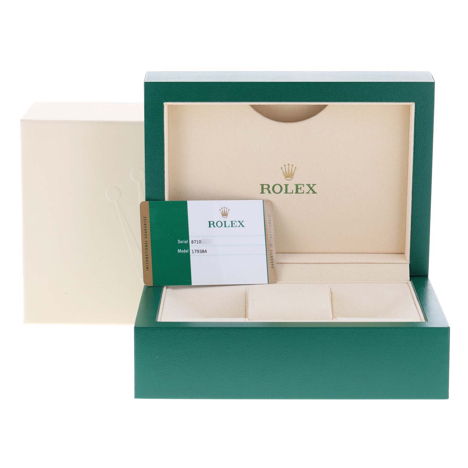 The image shows the Rolex Datejust 179384 Women
s Stainless Steel Pink Dial 179384 Women
s Stainless Steel Pink Dial watch box, warranty card, and outer packaging from a front angle.