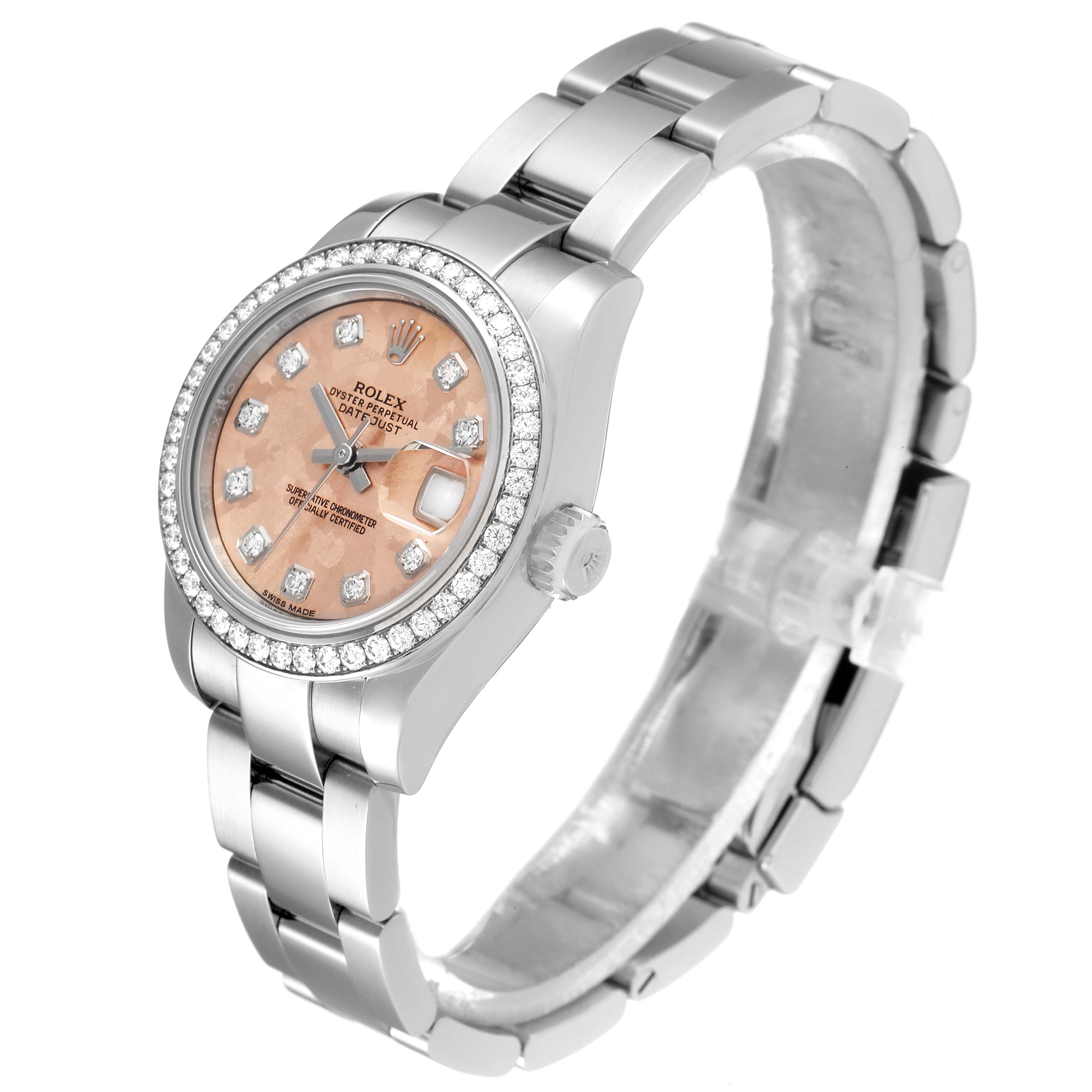 This image shows a side and partial front view of the Rolex Datejust 179384 Women
s Stainless Steel Pink Dial 179384 Women
s Stainless Steel Pink Dial, displaying its band, case, dial, and crown.