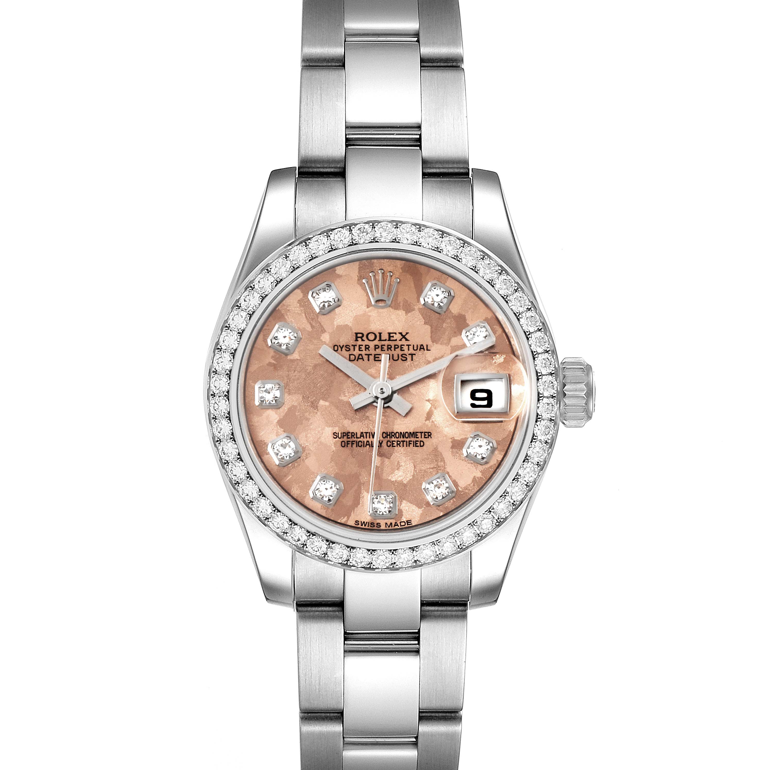The image shows a front view of a Rolex Datejust 179384 Women
s Stainless Steel Pink Dial 179384 Women
s Stainless Steel Pink Dial watch with a pink dial, diamond hour markers, and metal bracelet.
