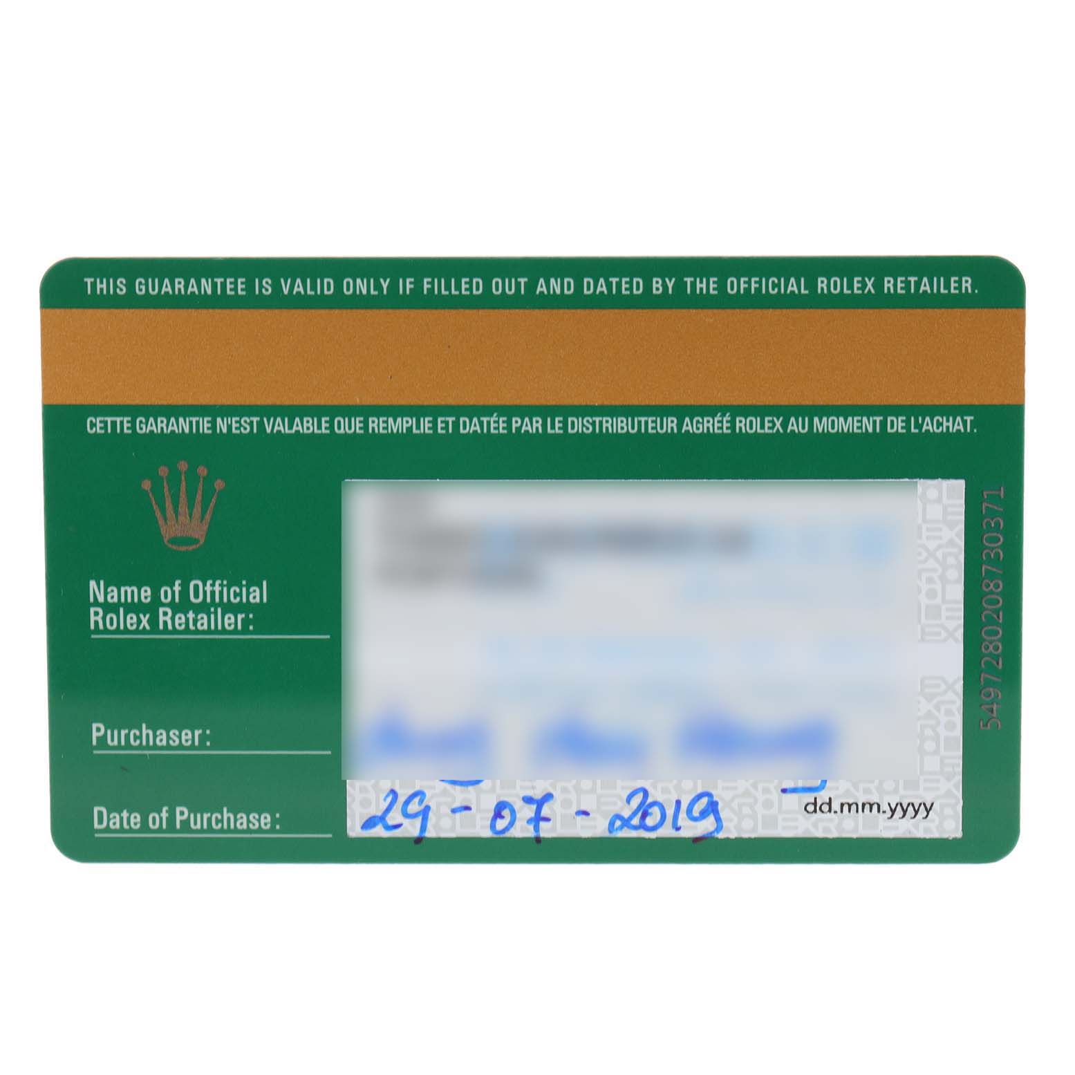 This image shows the guarantee card for a Rolex Datejust 179384 Women
s Stainless Steel Pink Dial 179384 Women
s Stainless Steel Pink Dial model watch.