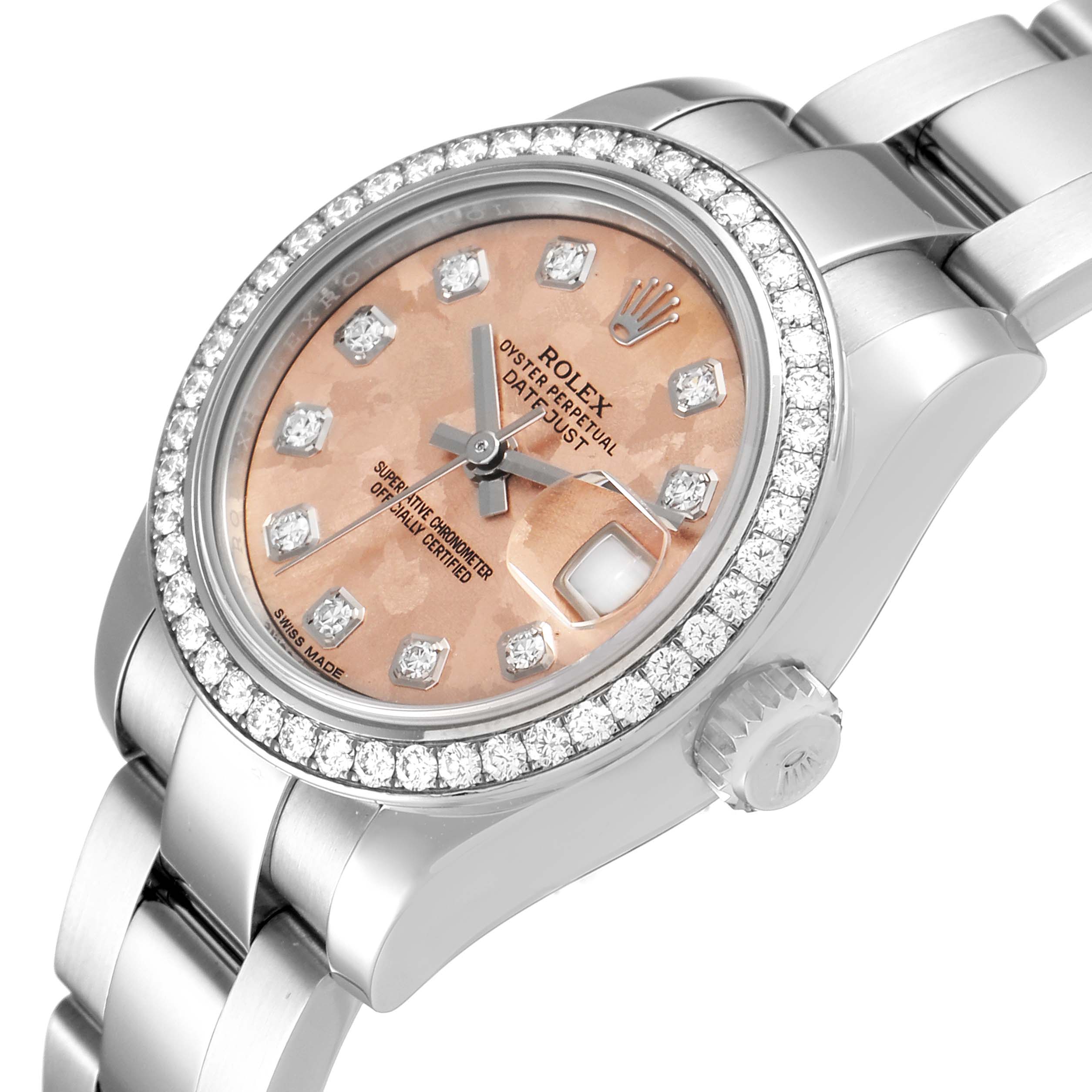 The image shows a close-up of the Rolex Datejust 179384 Women
s Stainless Steel Pink Dial 179384 Women
s Stainless Steel Pink Dial watch at a slight angle, highlighting its dial, bezel, crown, and bracelet.