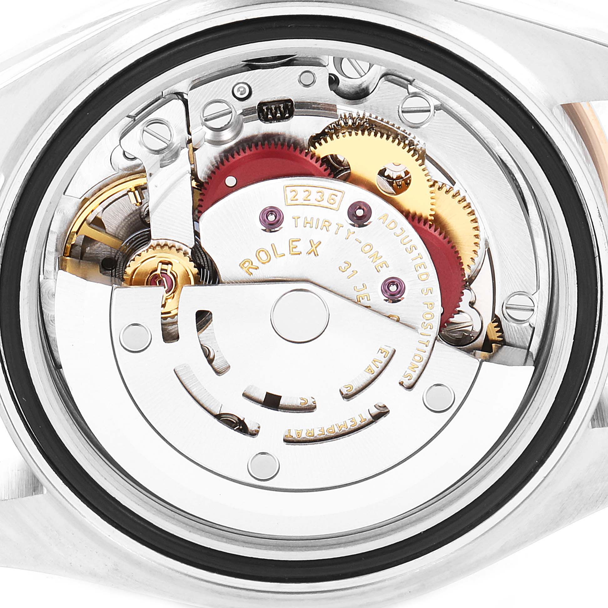 This image shows the intricate internal movement of a Rolex Datejust 279171 Women's Steel and Gold (two tone) Brown Dial 279171 Women's Steel and Gold (two tone) Brown Dial watch from a back angle.
