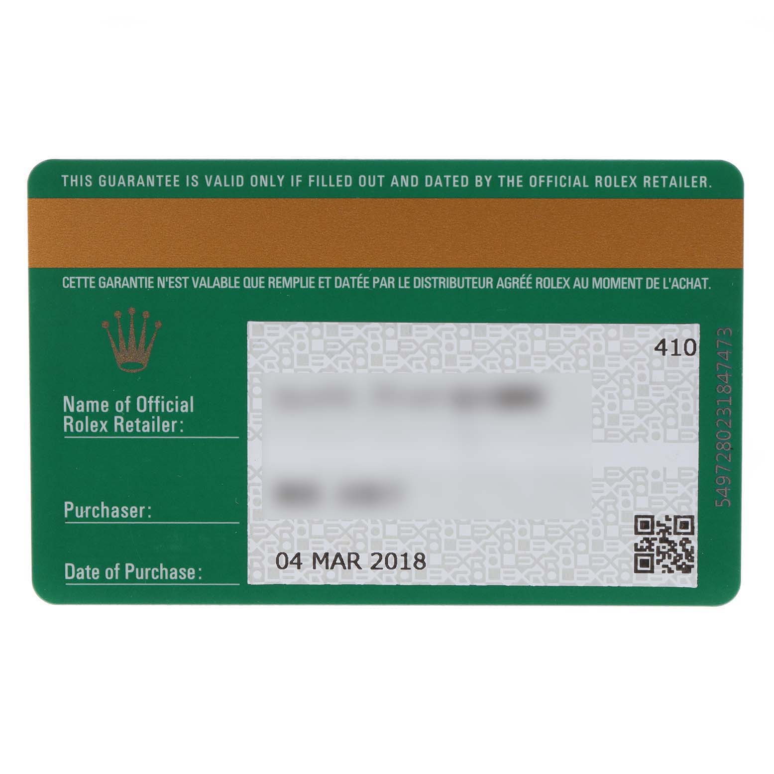 The image shows a warranty card for a Rolex Datejust 279171 Women's Steel and Gold (two tone) Brown Dial 279171 Women's Steel and Gold (two tone) Brown Dial watch, including details like the retailer's name and the purchase date.