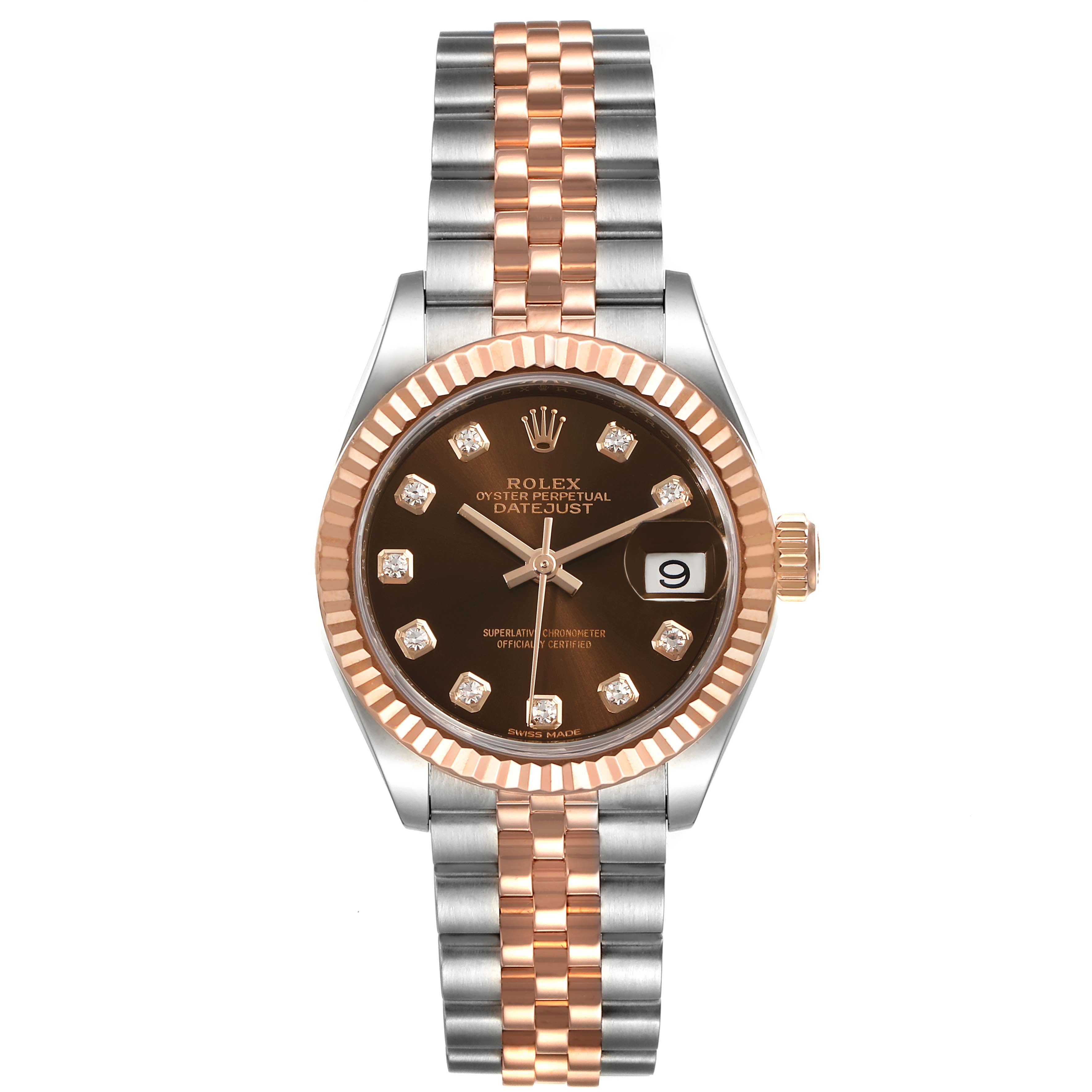 The image shows a front view of a Rolex Datejust 279171 Women's Steel and Gold (two tone) Brown Dial 279171 Women's Steel and Gold (two tone) Brown Dial watch with a brown dial, diamond hour markers, and a two-tone bracelet.