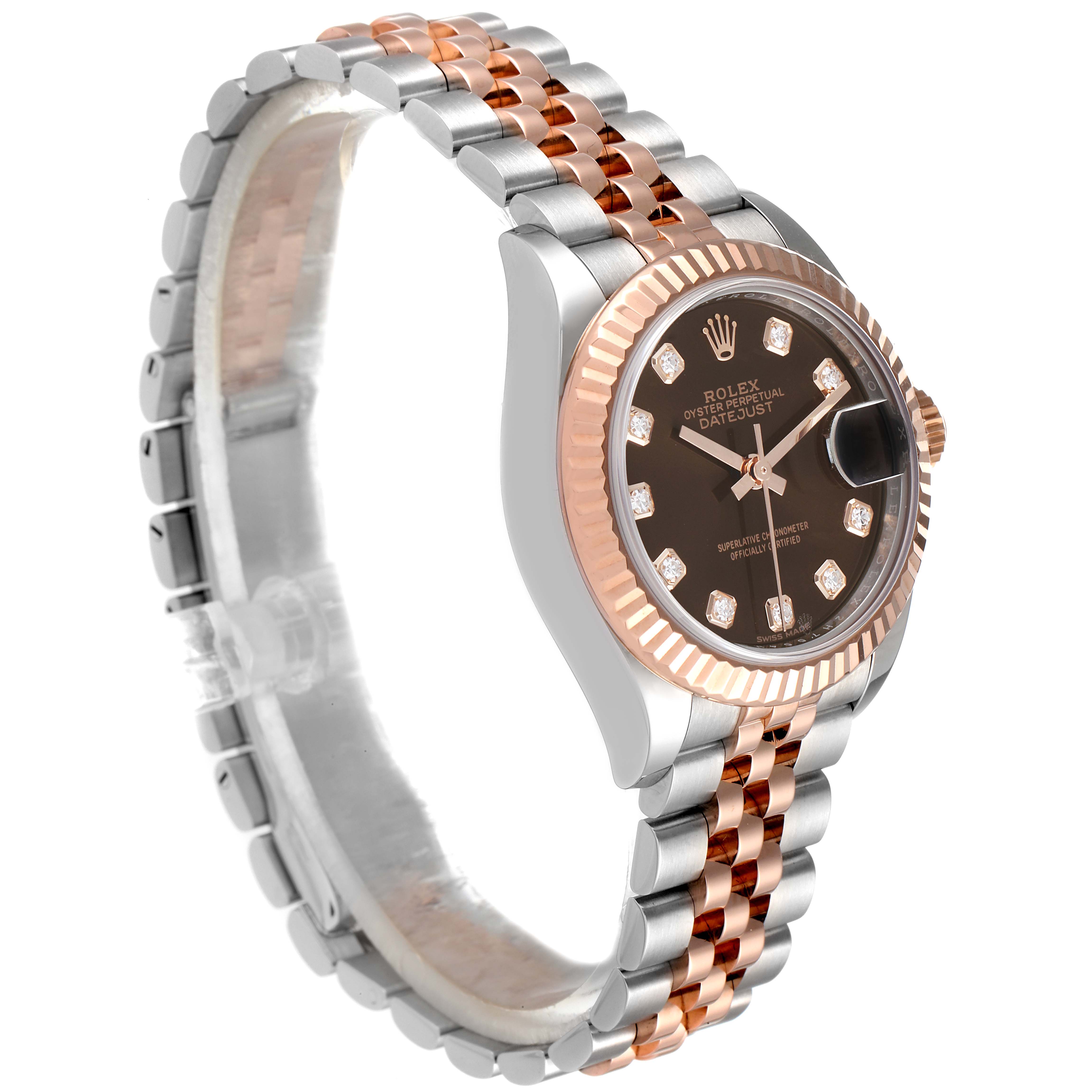 This image shows a side angle of a Rolex Datejust 279171 Women's Steel and Gold (two tone) Brown Dial 279171 Women's Steel and Gold (two tone) Brown Dial watch, highlighting its bezel, dial, and bracelet.