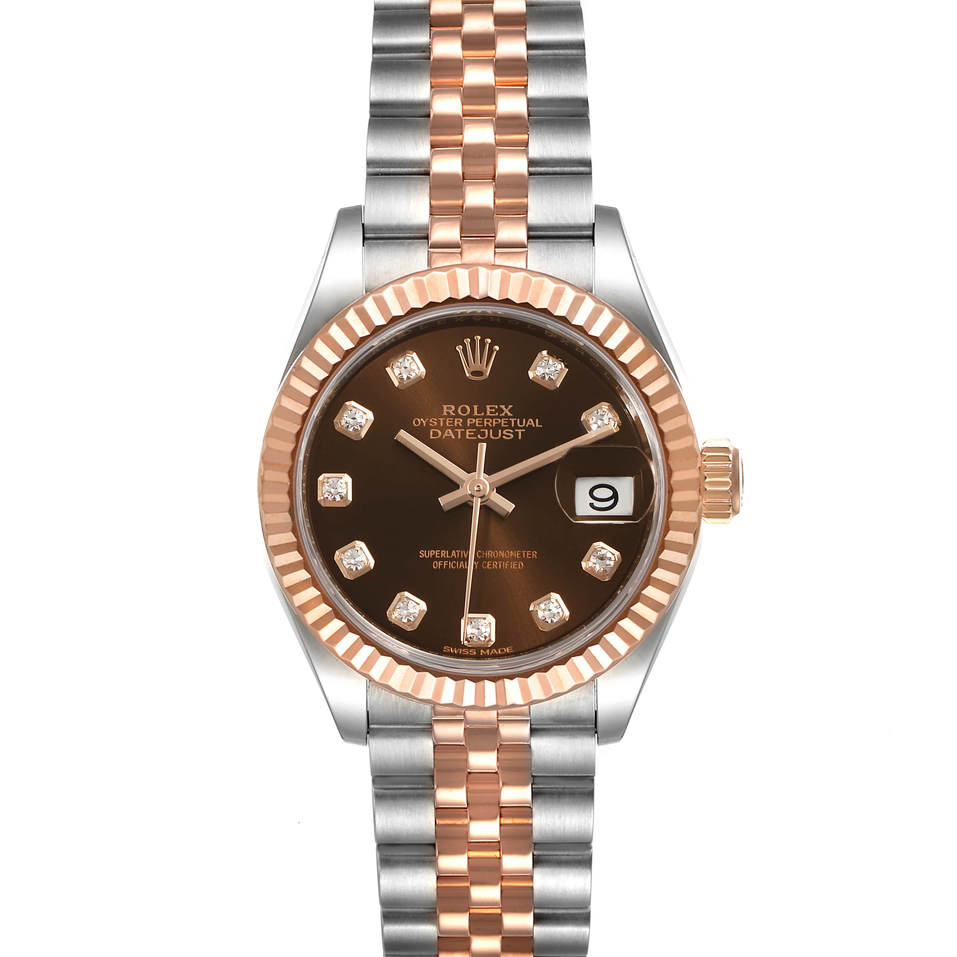 This image shows a Rolex Datejust 279171 Women's Steel and Gold (two tone) Brown Dial 279171 Women's Steel and Gold (two tone) Brown Dial watch from a front angle, highlighting the dial, case, bezel, and bracelet.