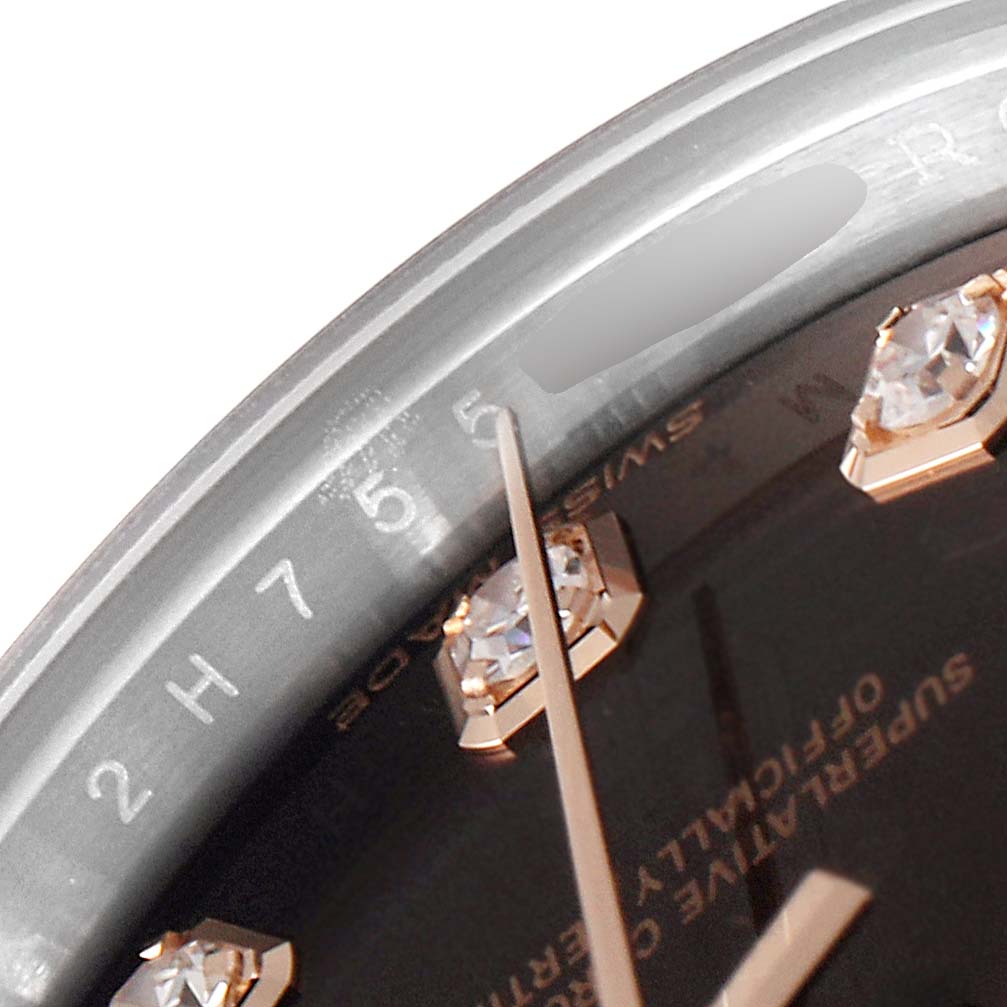 This close-up image shows the dial, bezel, and diamond hour markers of a Rolex Datejust 279171 Women's Steel and Gold (two tone) Brown Dial 279171 Women's Steel and Gold (two tone) Brown Dial watch.