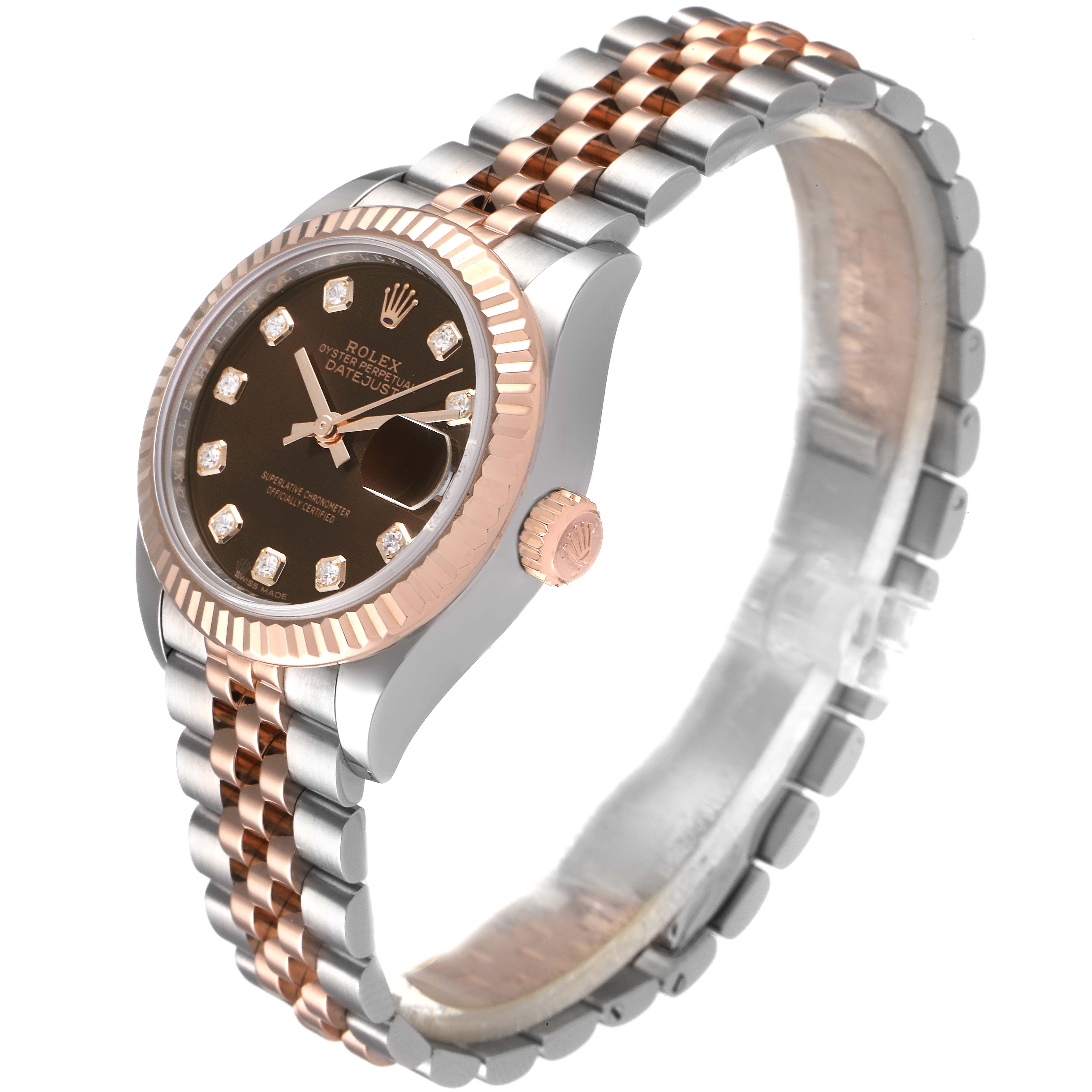 The image shows a Rolex Datejust 279171 Women's Steel and Gold (two tone) Brown Dial 279171 Women's Steel and Gold (two tone) Brown Dial watch at an angled side view, showcasing its jubilee bracelet, fluted bezel, and crown.