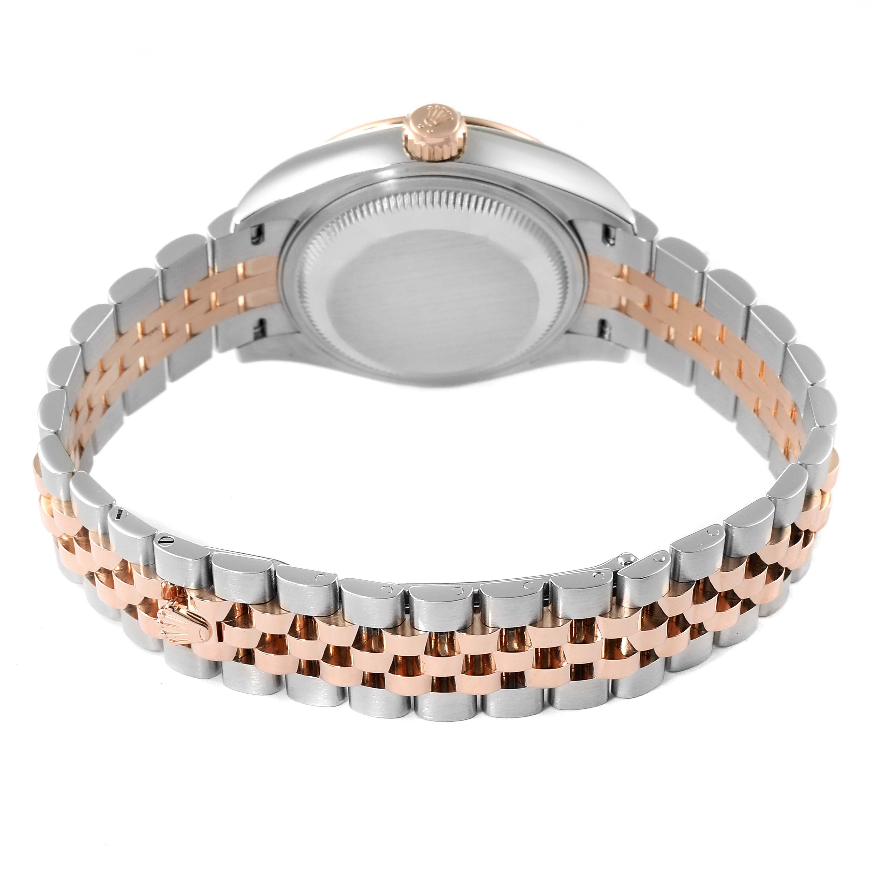 This image shows the back and bracelet of a Rolex Datejust 279171 Women's Steel and Gold (two tone) Brown Dial 279171 Women's Steel and Gold (two tone) Brown Dial watch, highlighting its two-tone metal links and case back.