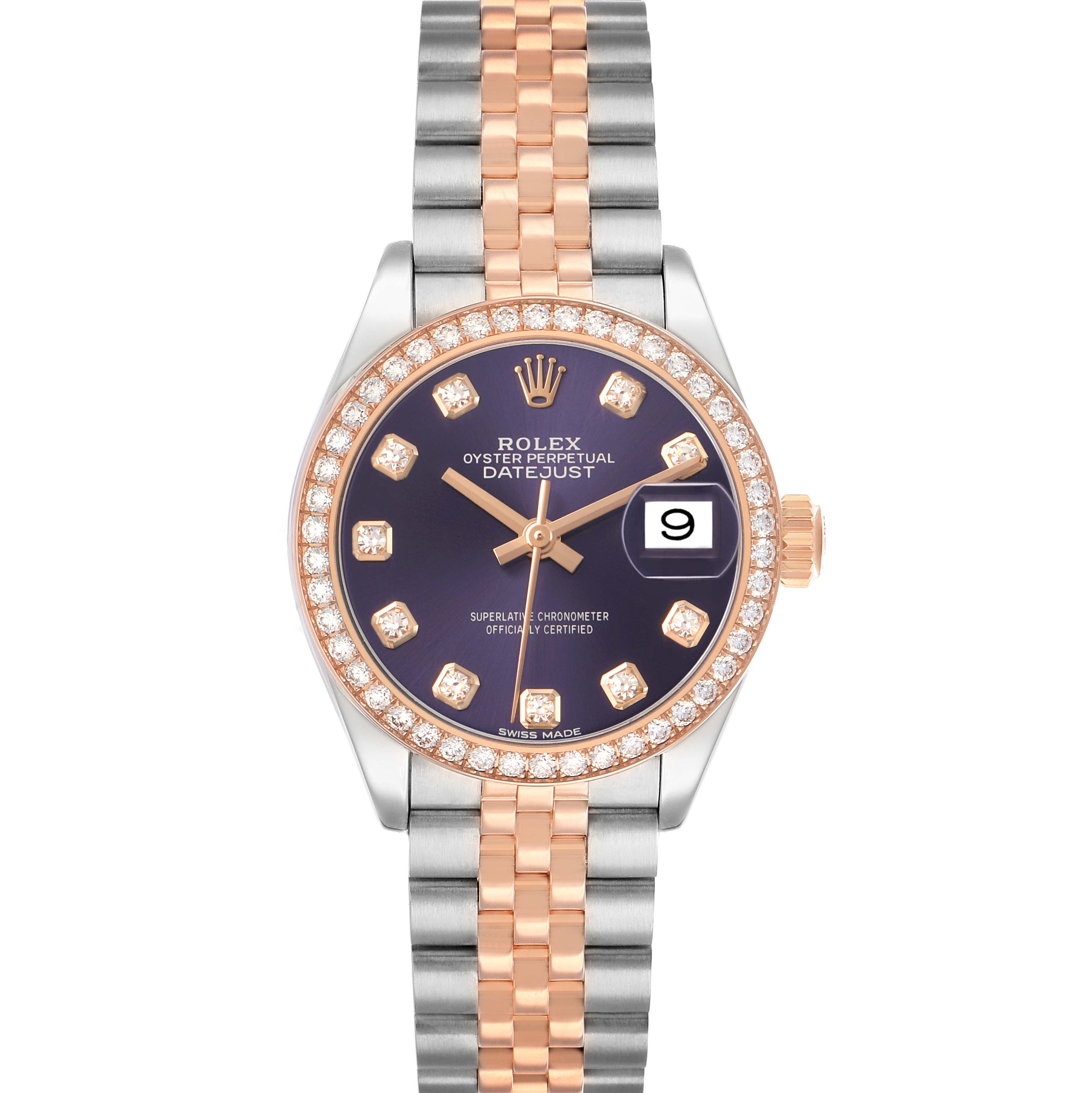The image shows a Rolex Datejust 279381 Women's Steel and Gold (two tone) Purple Dial watch from a front angle, highlighting the dial, bezel, and bracelet.